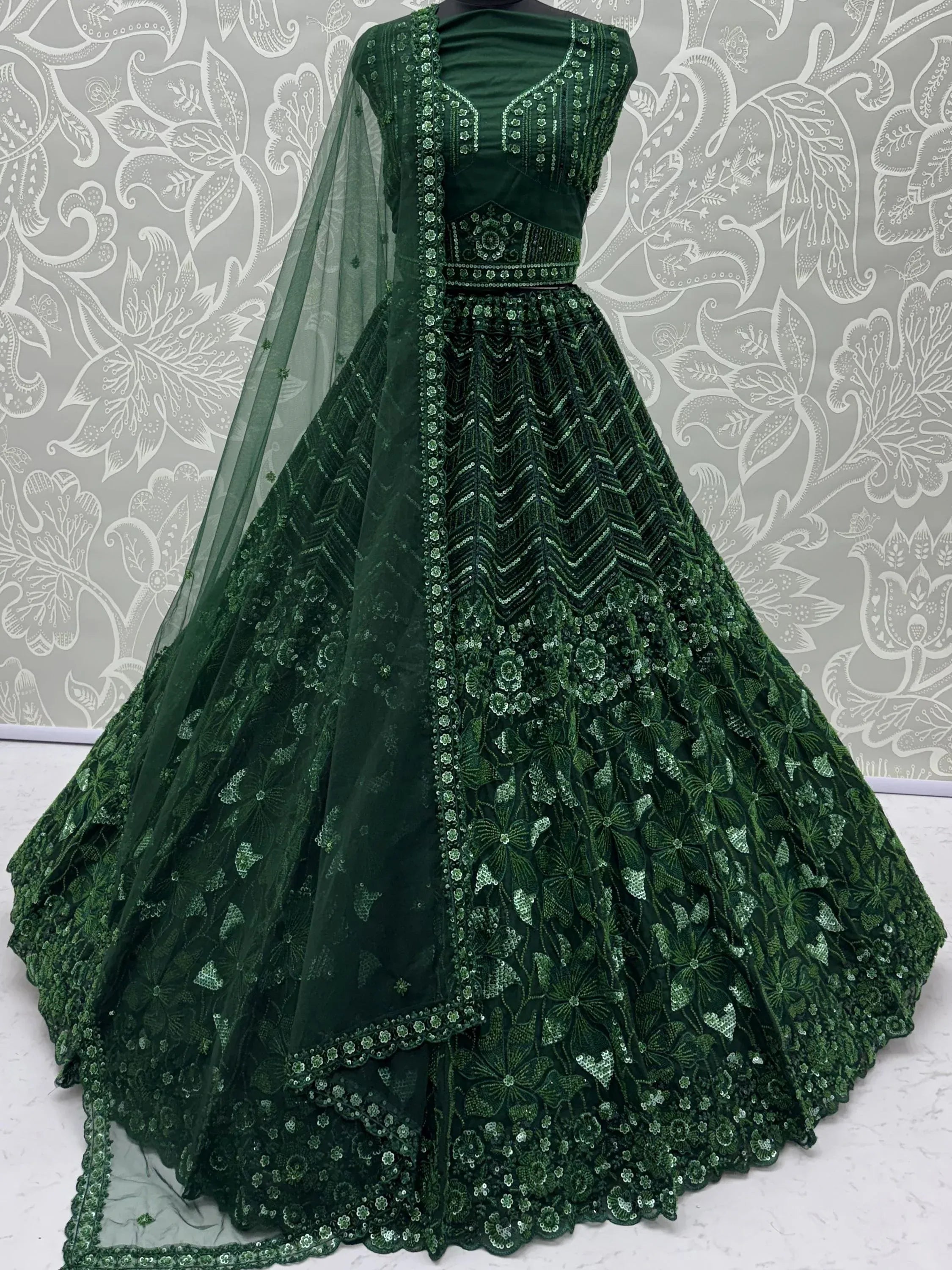 Rich Bottle Green Sequins Net Cocktail Wear Lehenga Choli With Dupatta