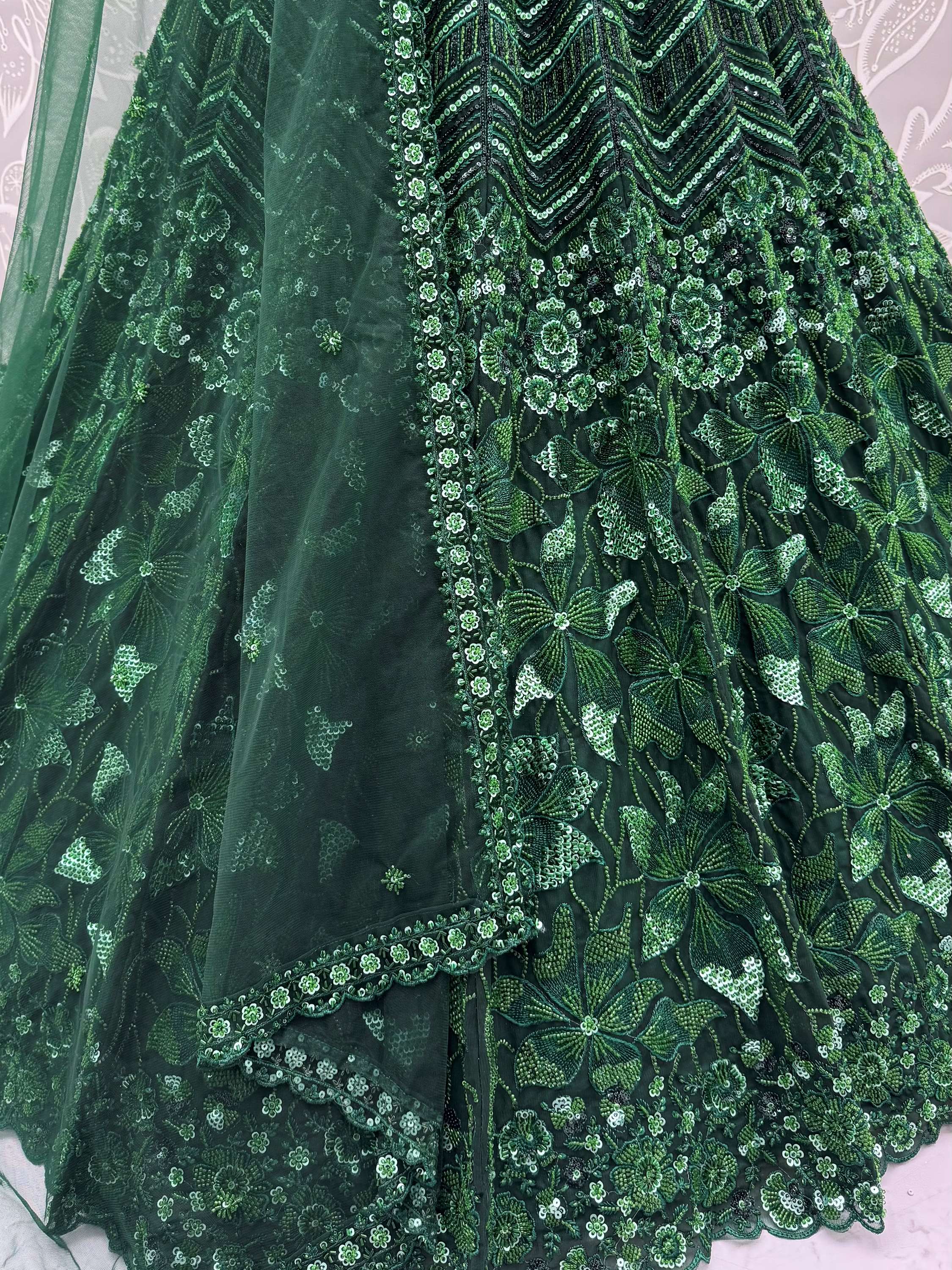 Rich Bottle Green Sequins Net Cocktail Wear Lehenga Choli With Dupatta