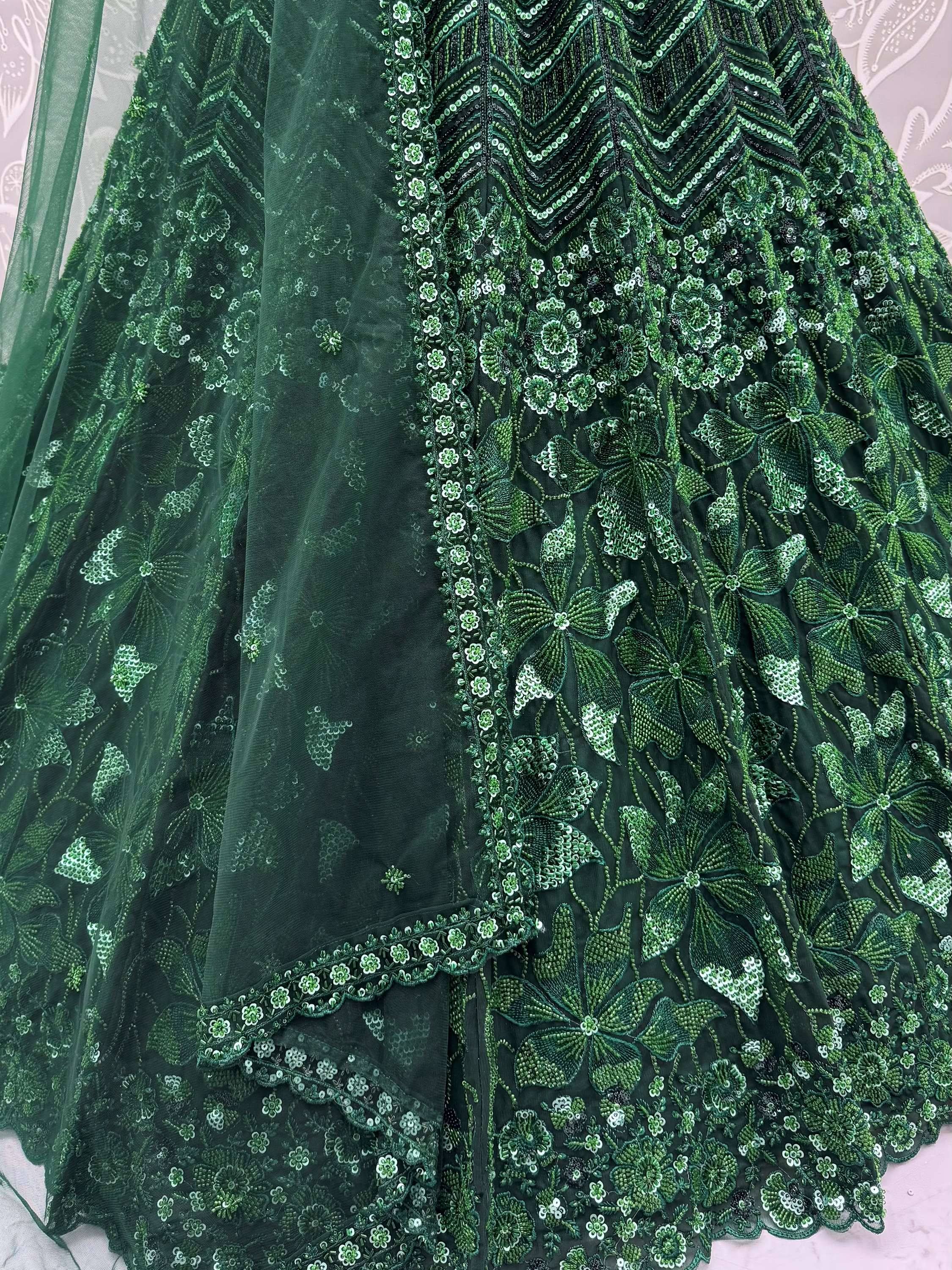 Rich Bottle Green Sequins Net Cocktail Wear Lehenga Choli With Dupatta