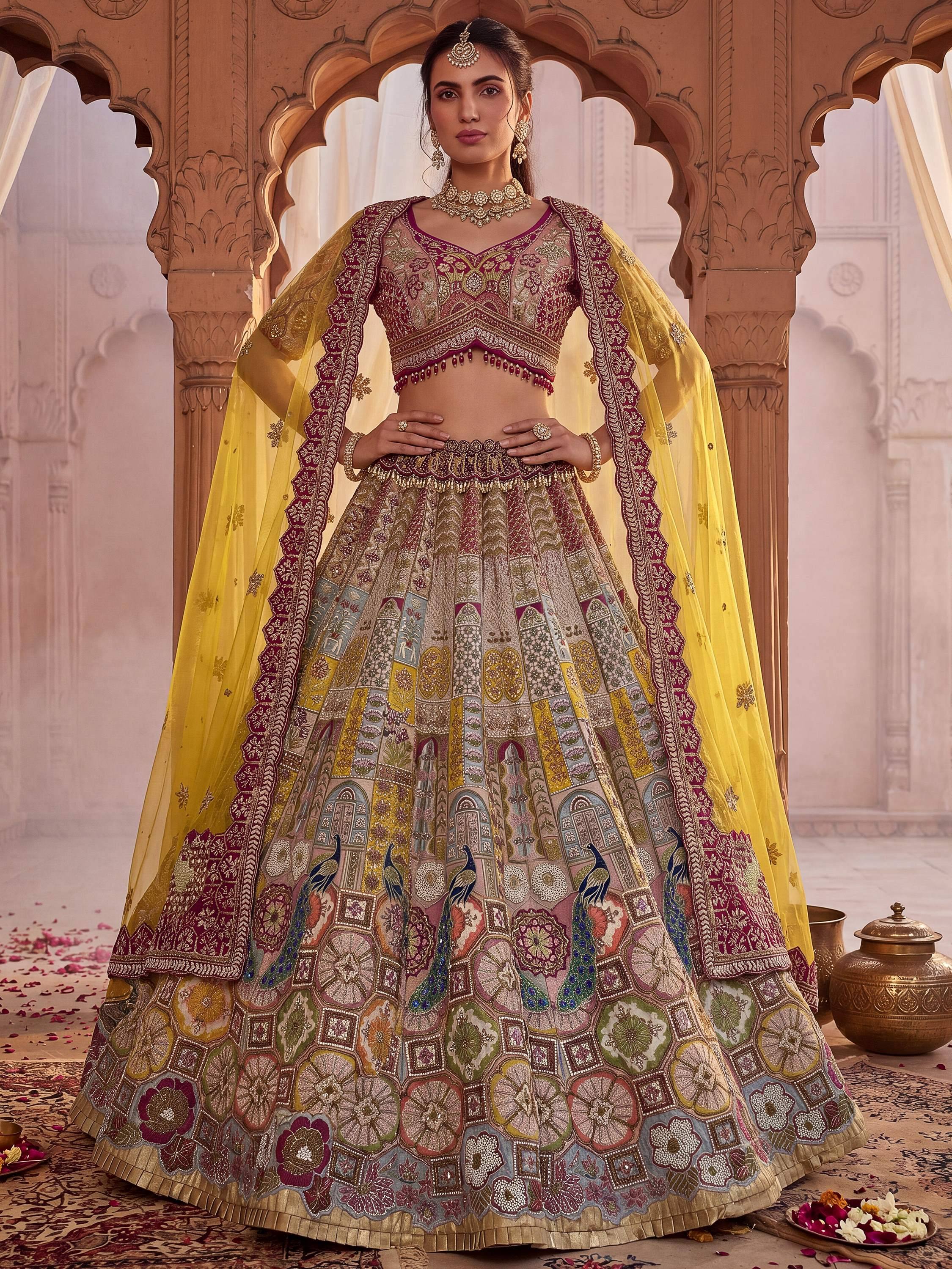 Breathtaking Multi-Color Patch Work Silk Wedding Wear Lehenga Choli