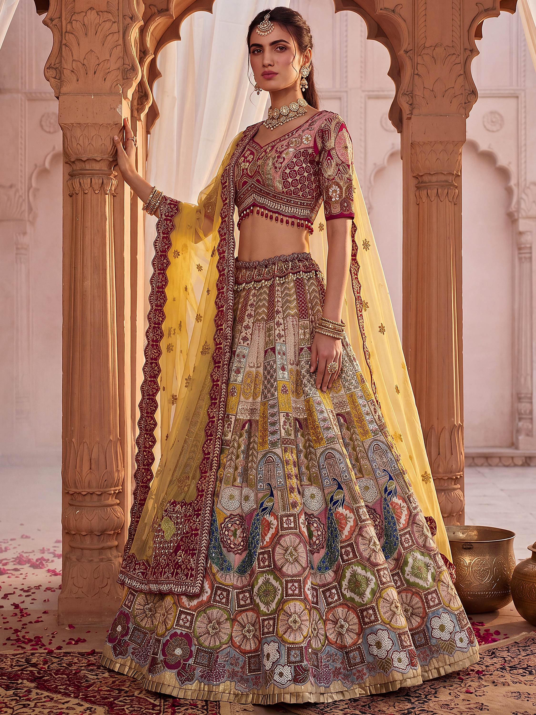 Breathtaking Multi-Color Patch Work Silk Wedding Wear Lehenga Choli