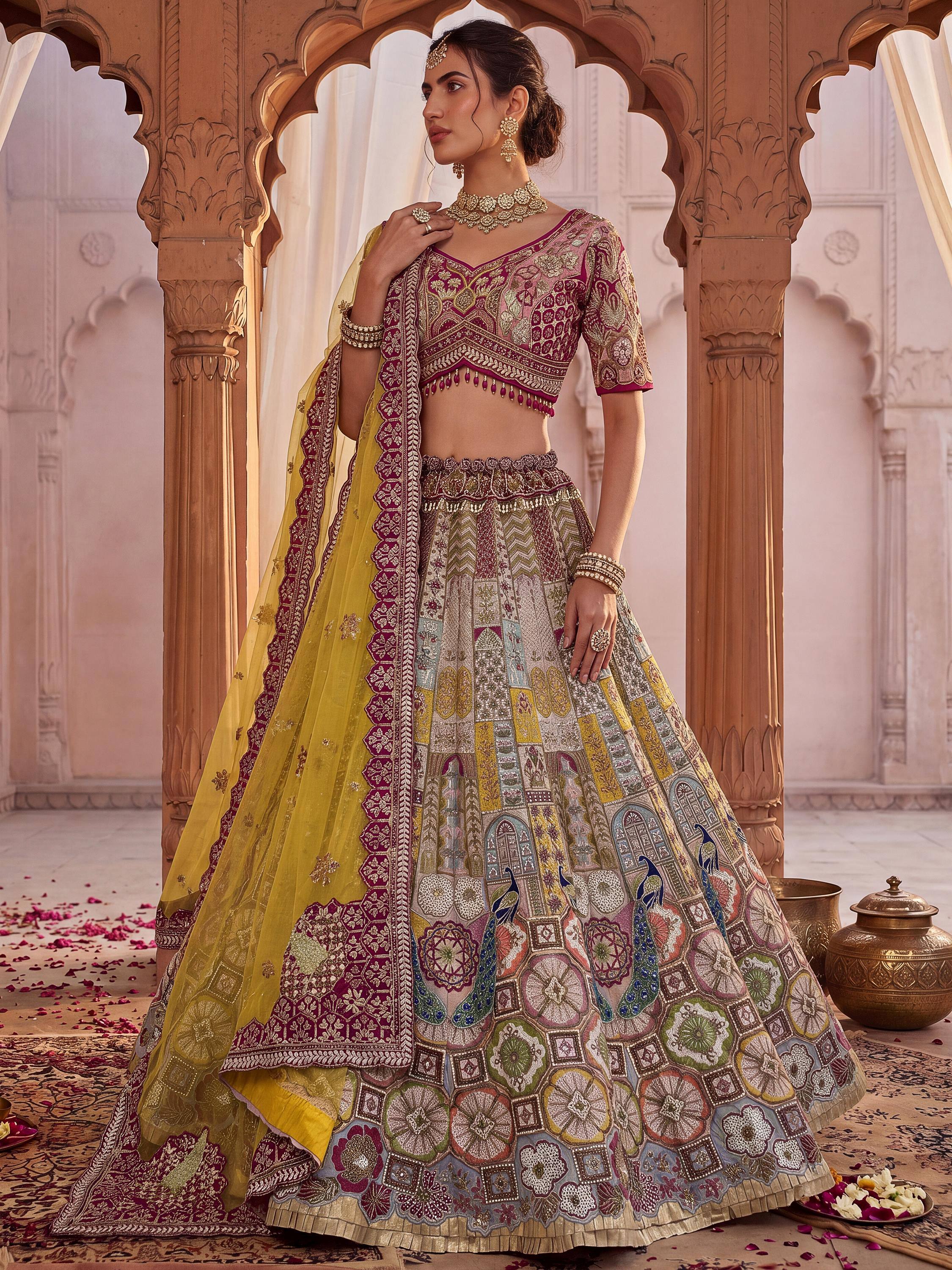 Breathtaking Multi-Color Patch Work Silk Wedding Wear Lehenga Choli