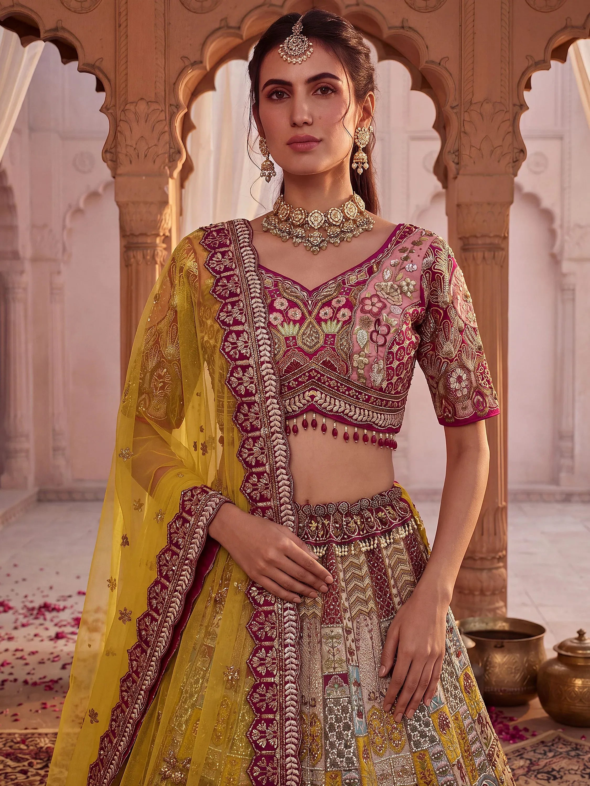 Breathtaking Multi-Color Patch Work Silk Wedding Wear Lehenga Choli