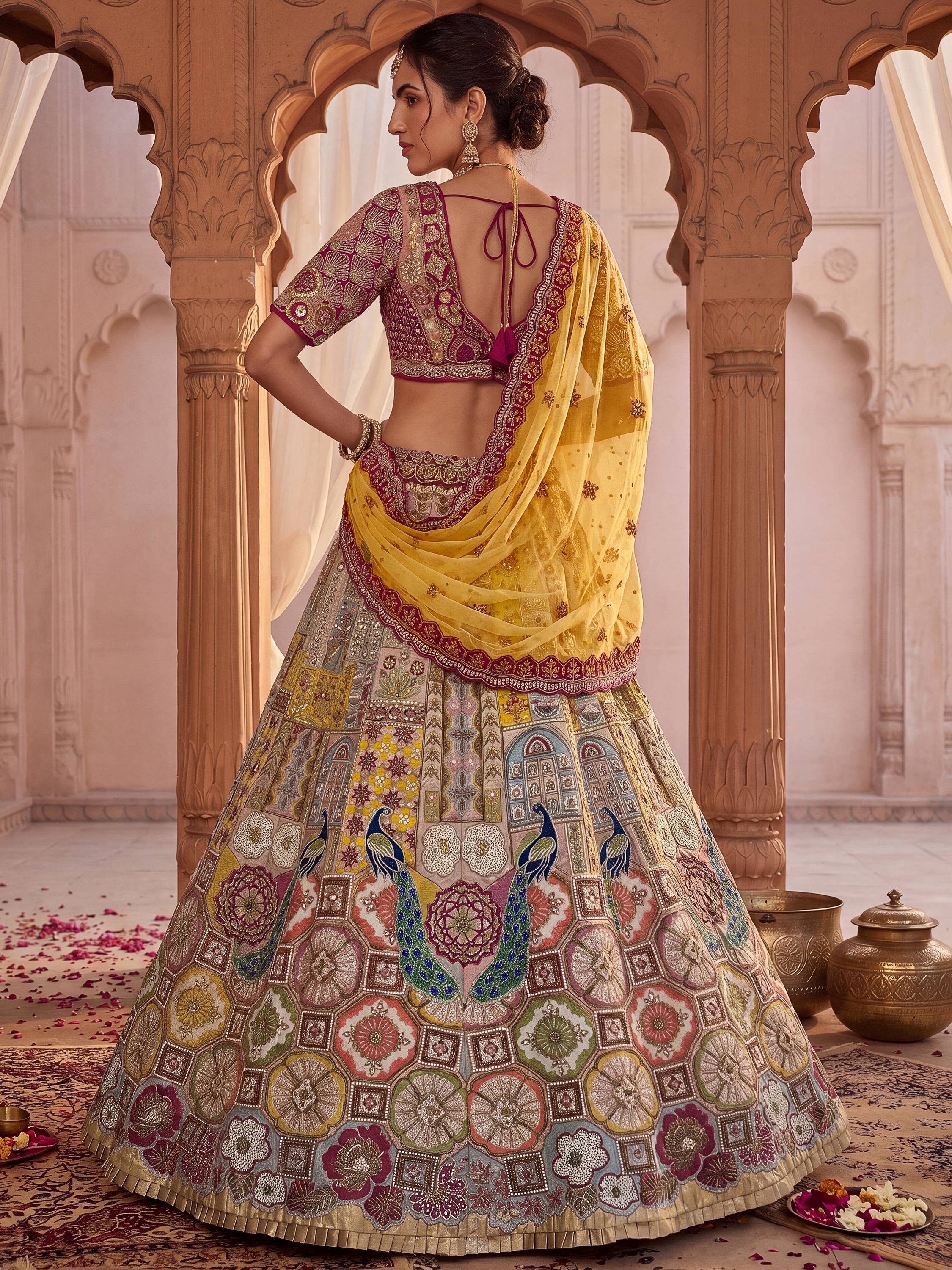 Breathtaking Multi-Color Patch Work Silk Wedding Wear Lehenga Choli