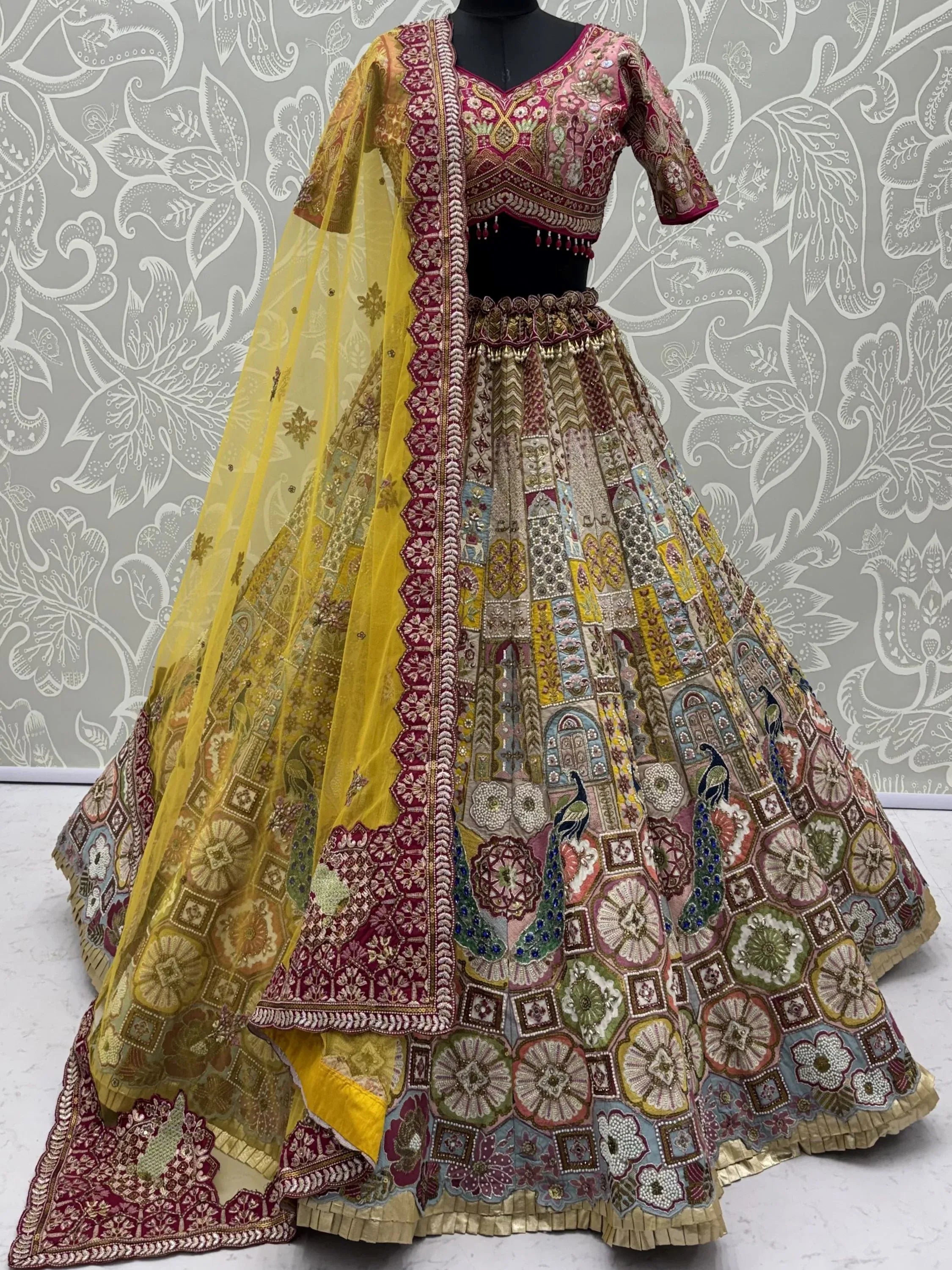 Breathtaking Multi-Color Patch Work Silk Wedding Wear Lehenga Choli