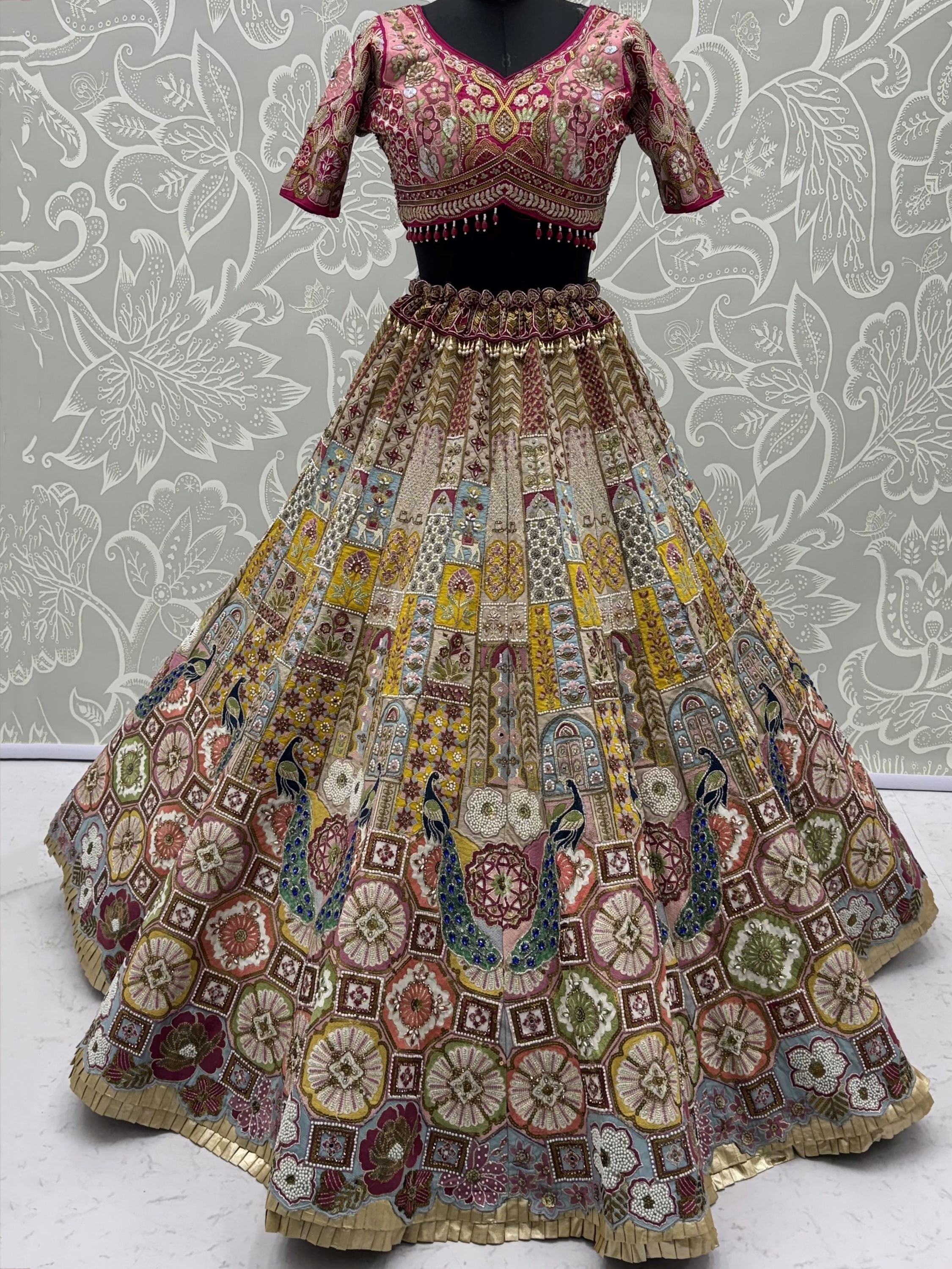 Breathtaking Multi-Color Patch Work Silk Wedding Wear Lehenga Choli