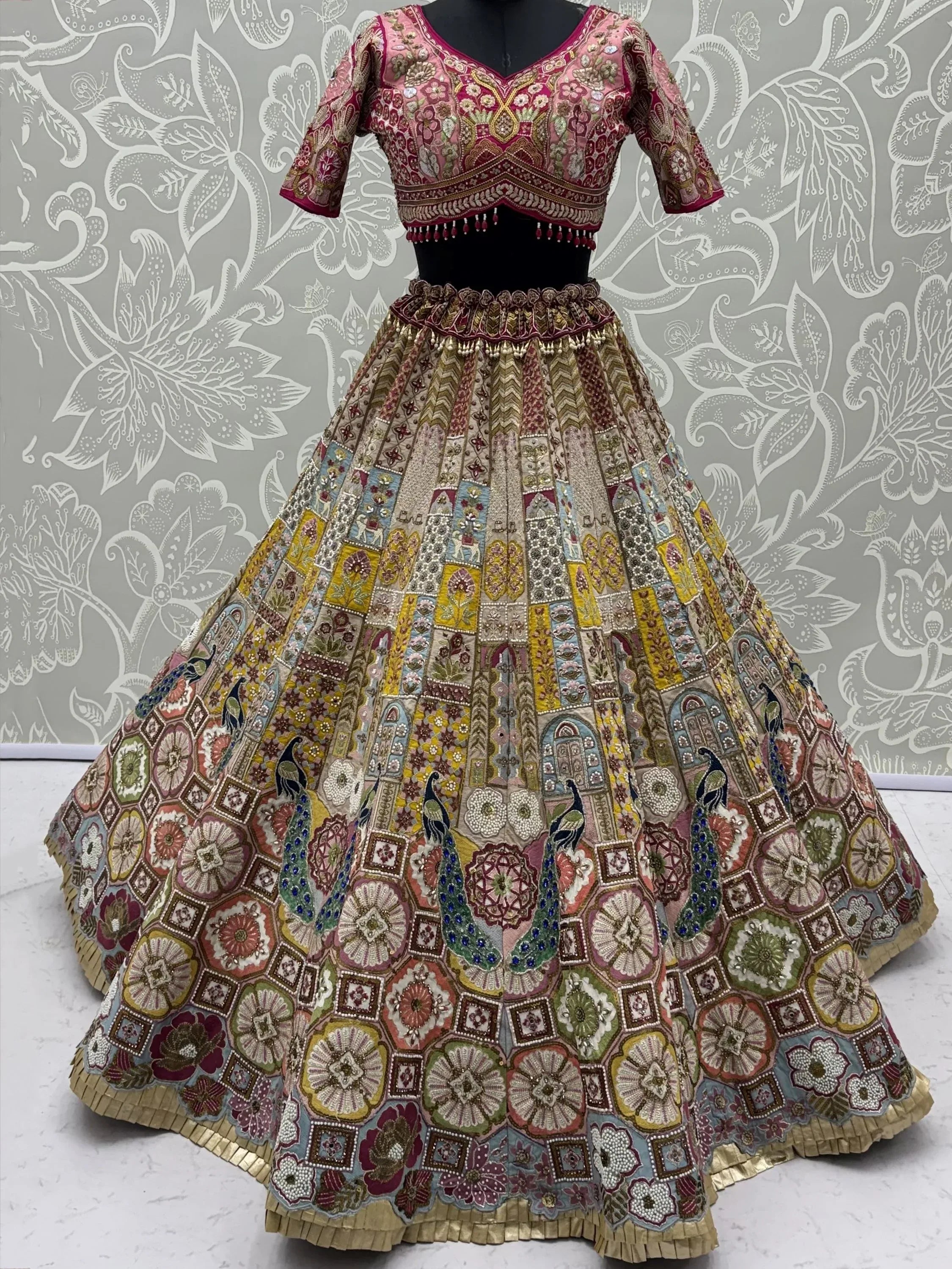 Breathtaking Multi-Color Patch Work Silk Wedding Wear Lehenga Choli