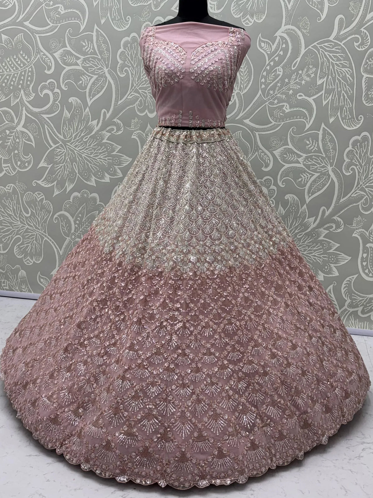 Sparkling Light Pink Sequins Net Sangeet Wear Lehenga Choli With Dupatta