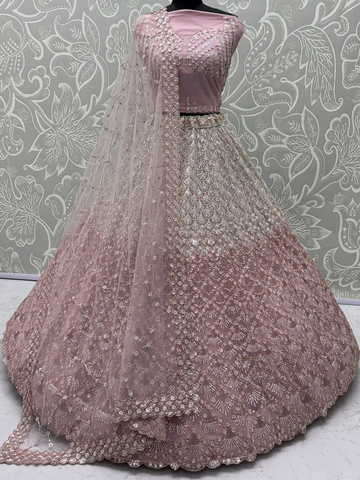 Sparkling Light Pink Sequins Net Sangeet Wear Lehenga Choli With Dupatta