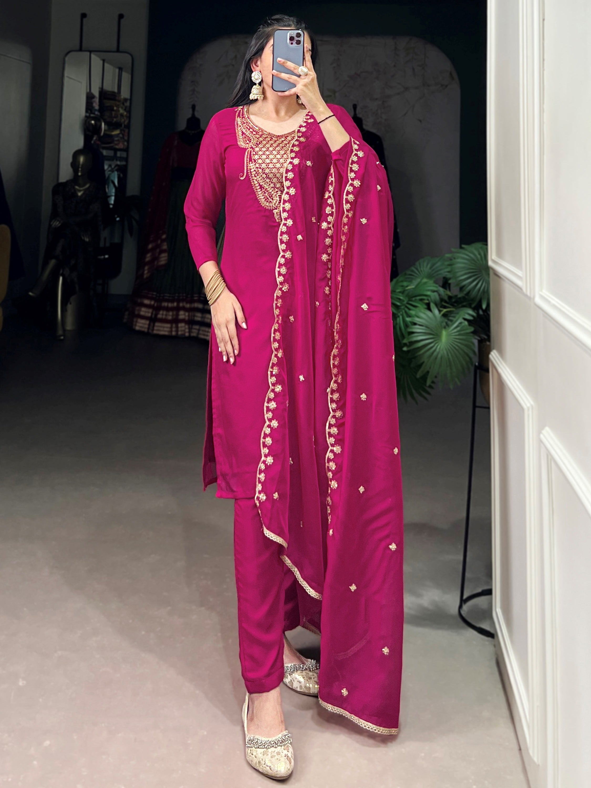 Gorgeous Pink Thread Work Organza Festive Wear Pant Suit With Dupatta