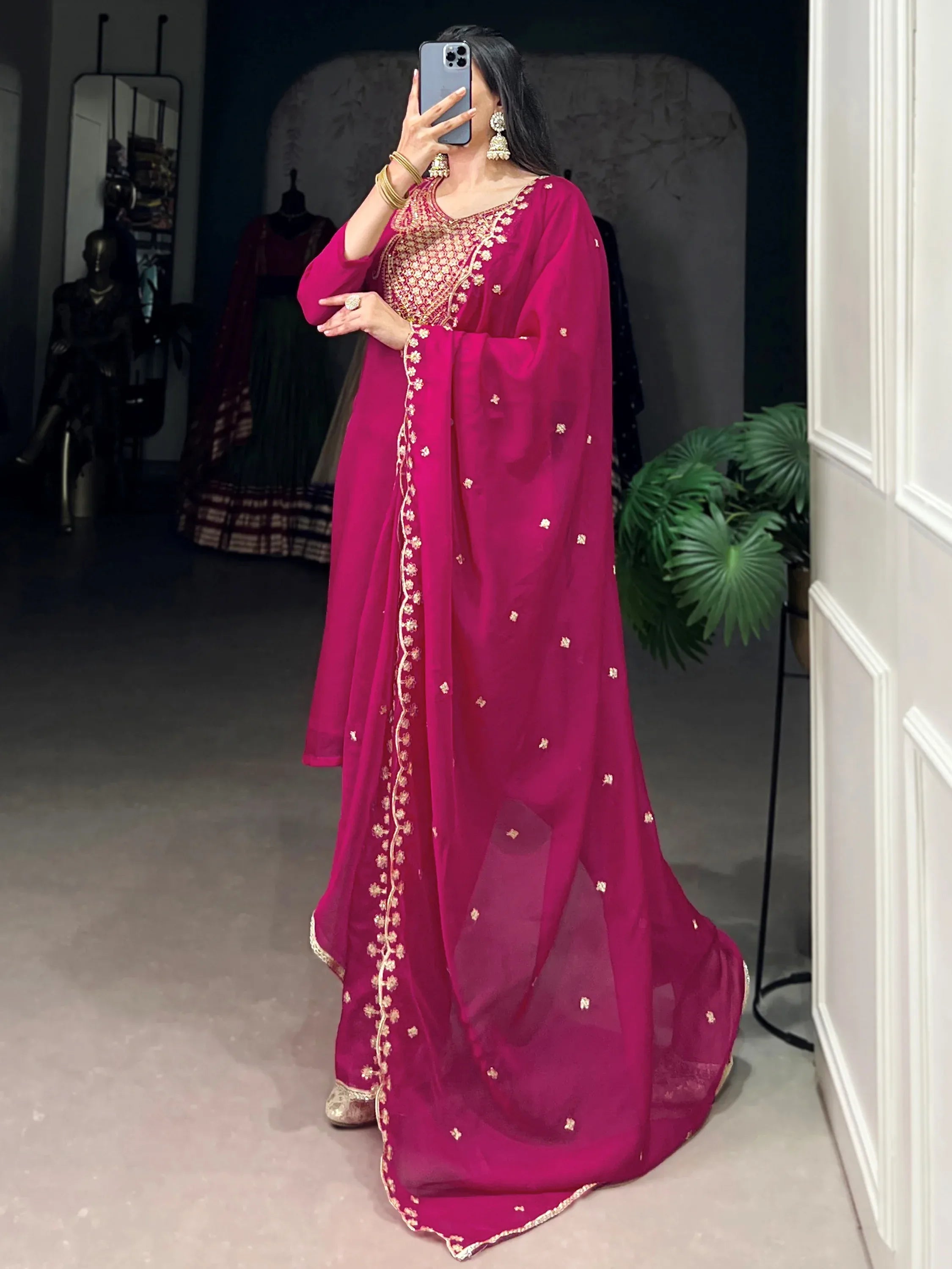 Gorgeous Pink Thread Work Organza Festive Wear Pant Suit With Dupatta