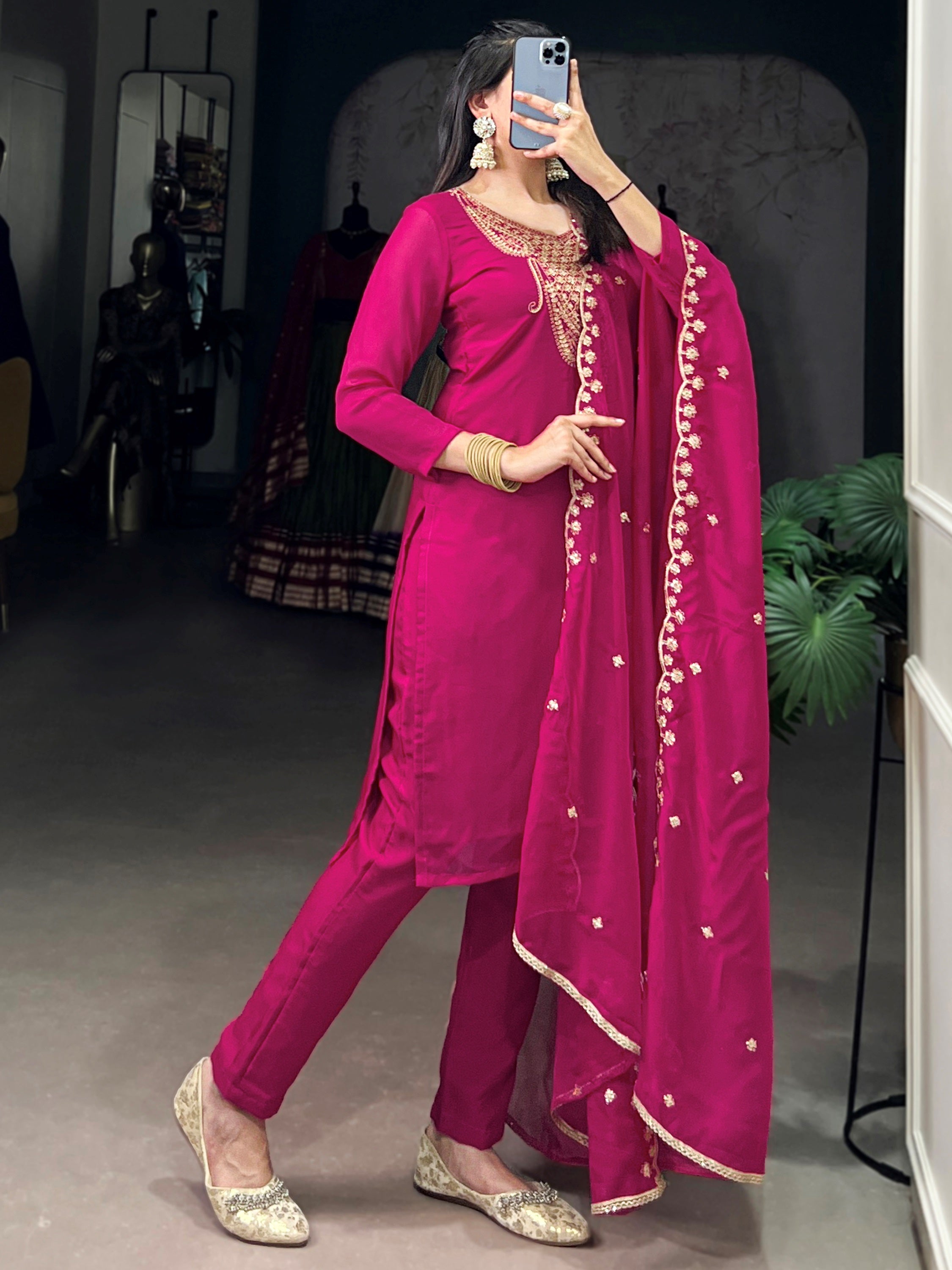 Gorgeous Pink Thread Work Organza Festive Wear Pant Suit With Dupatta