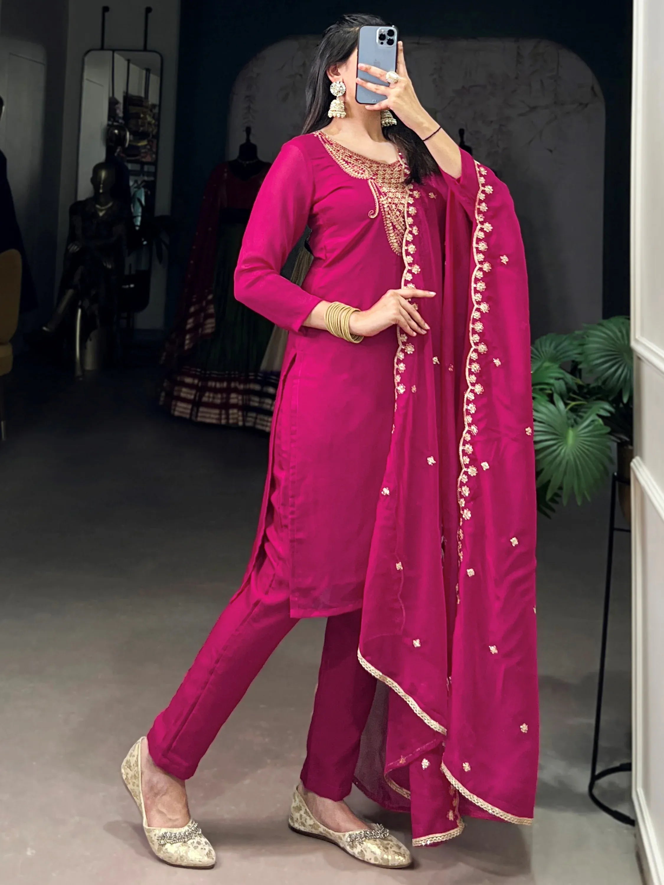 Gorgeous Pink Thread Work Organza Festive Wear Pant Suit With Dupatta