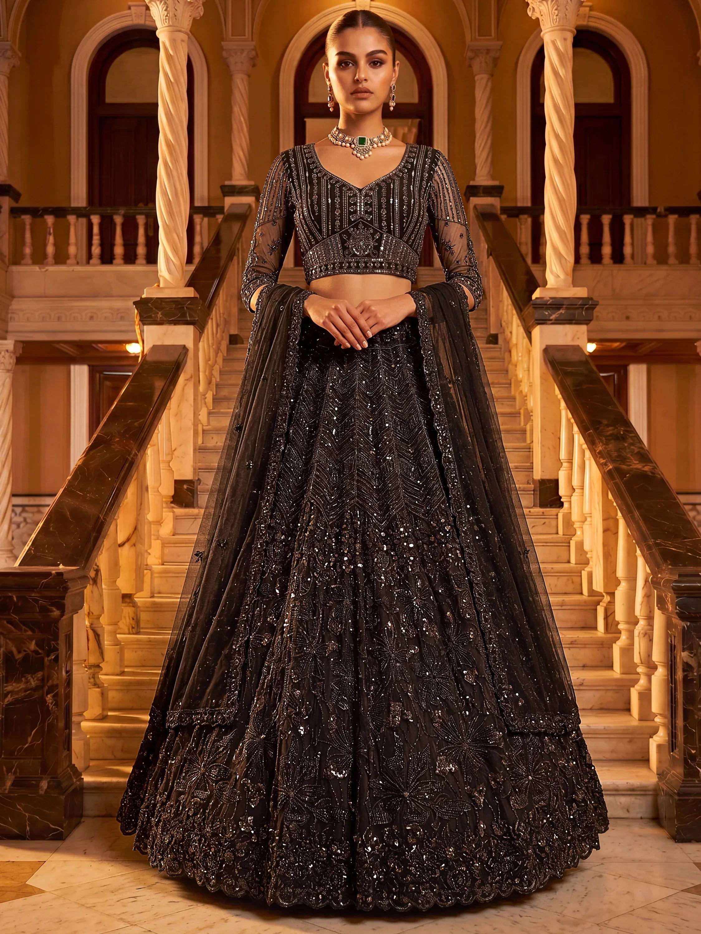 Monochrome Black Sequins Net Party Wear Lehenga Choli With Dupatta