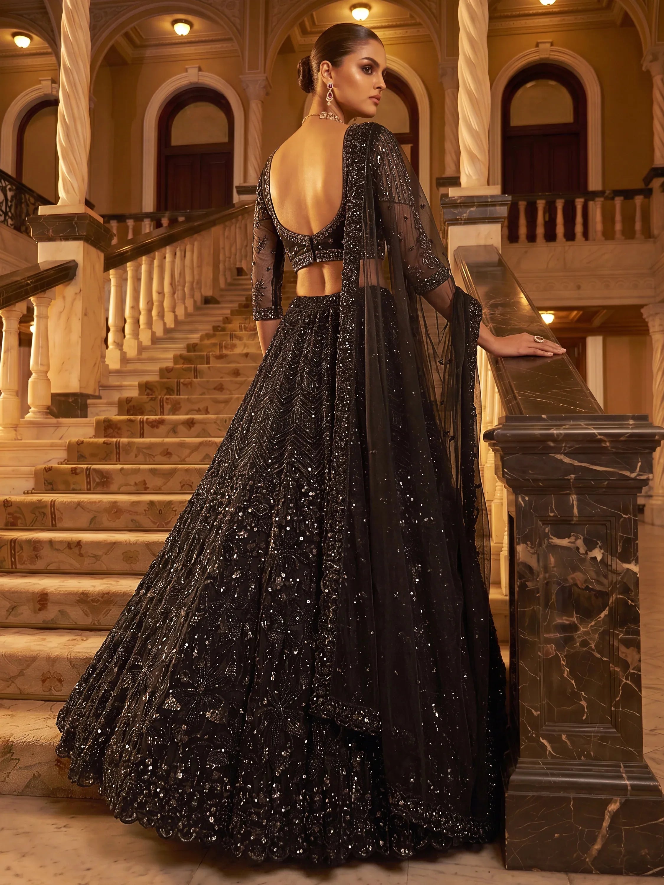 Monochrome Black Sequins Net Party Wear Lehenga Choli With Dupatta