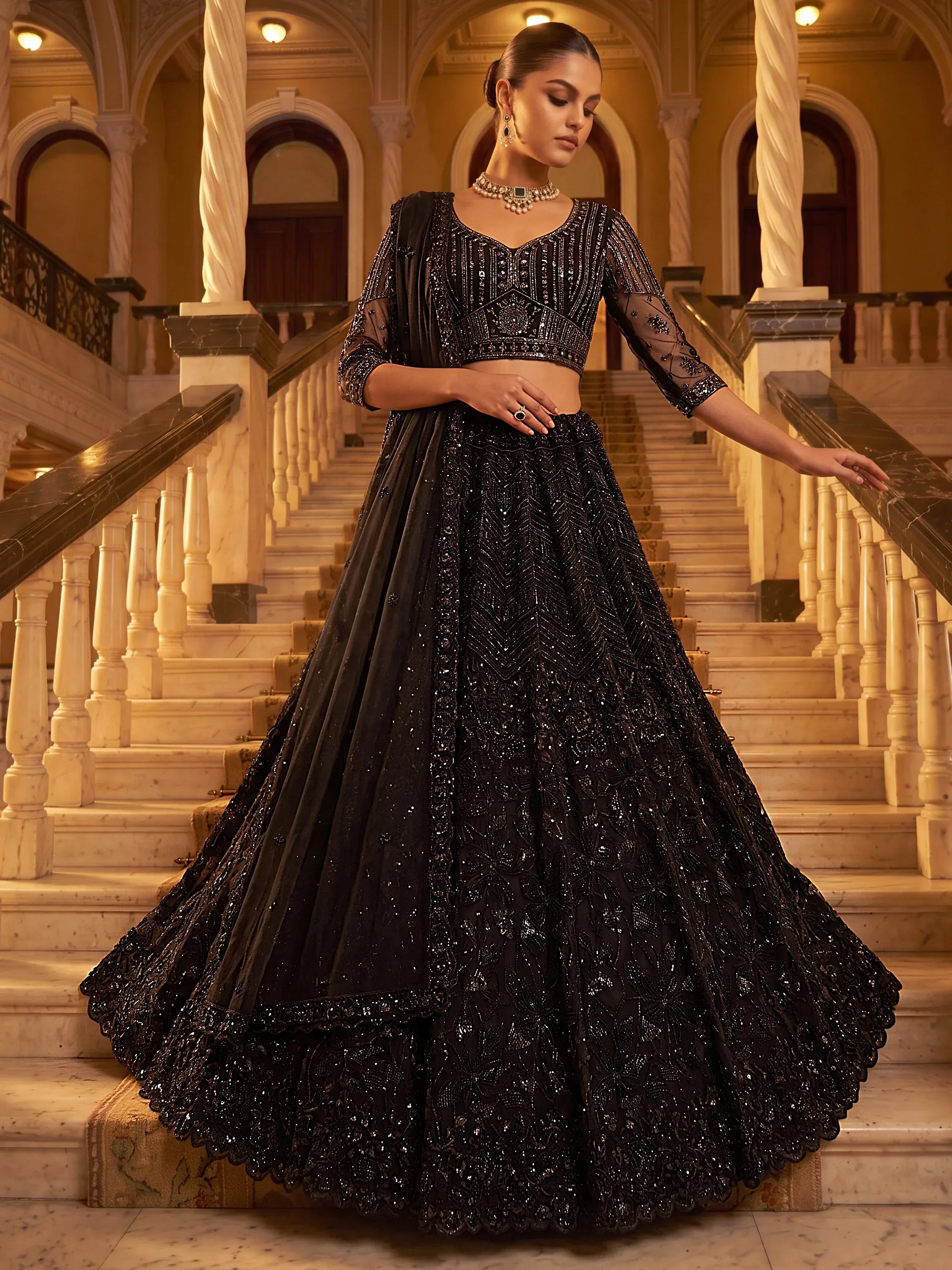 Monochrome Black Sequins Net Party Wear Lehenga Choli With Dupatta