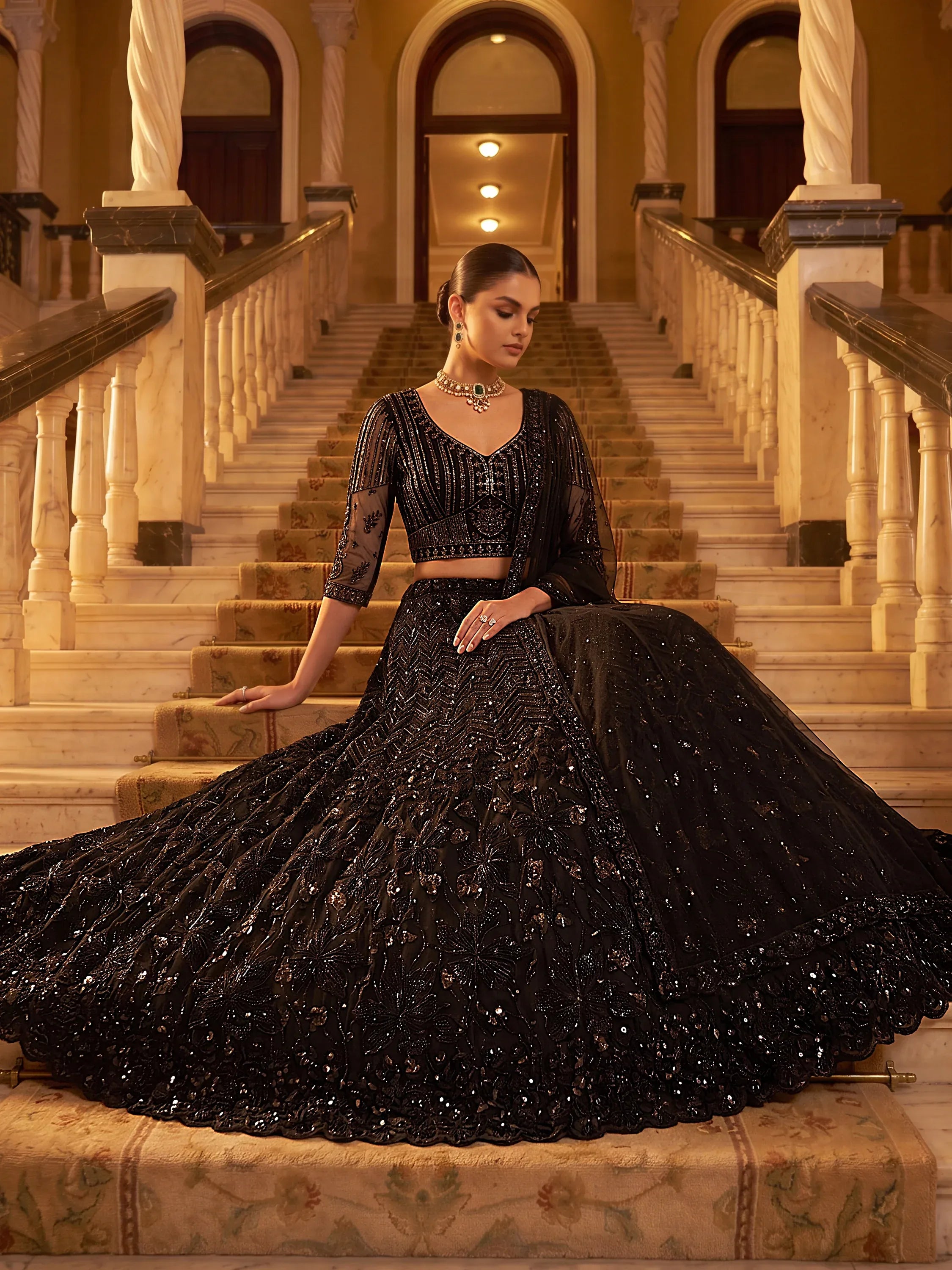 Monochrome Black Sequins Net Party Wear Lehenga Choli With Dupatta