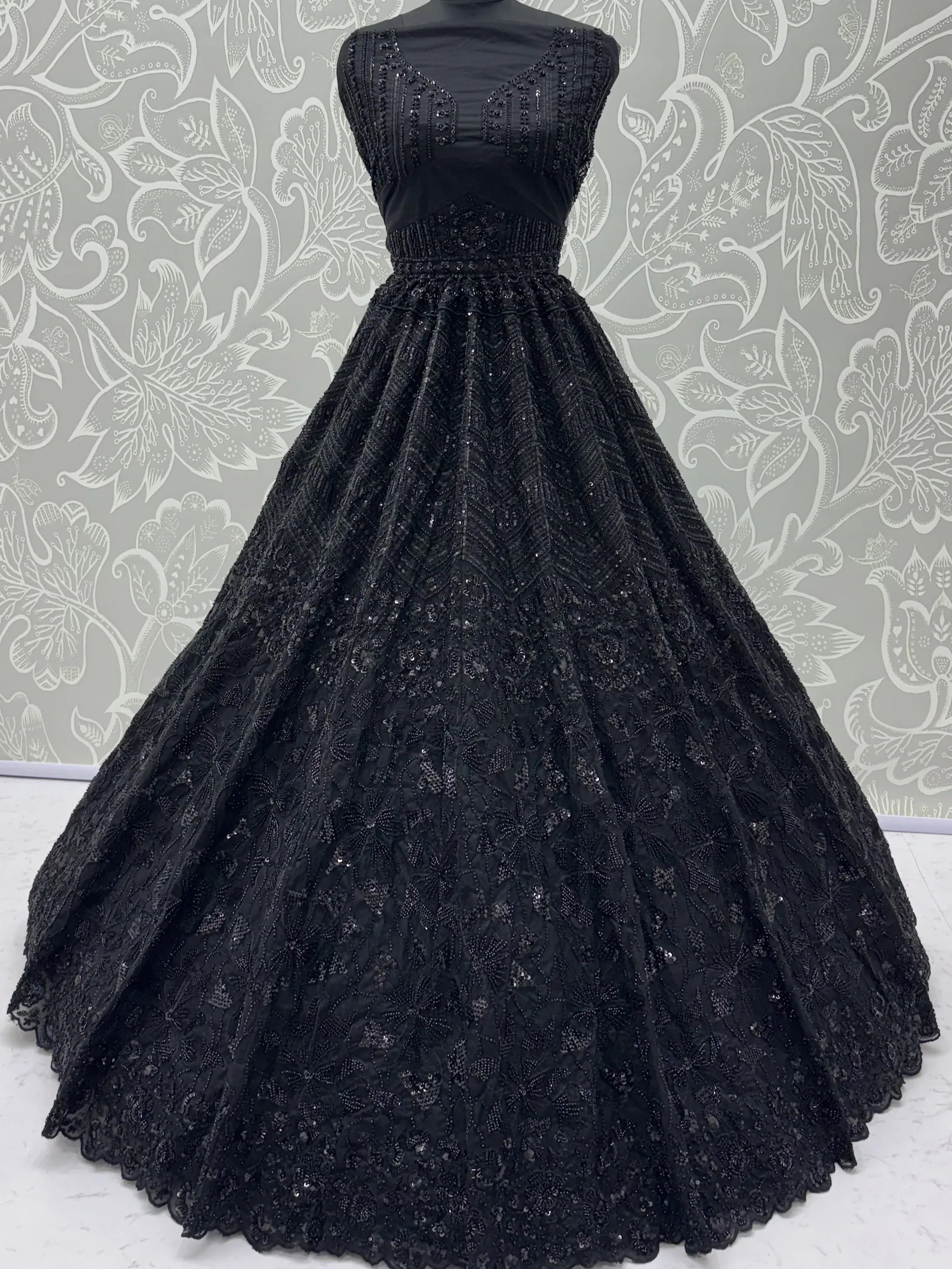 Monochrome Black Sequins Net Party Wear Lehenga Choli With Dupatta