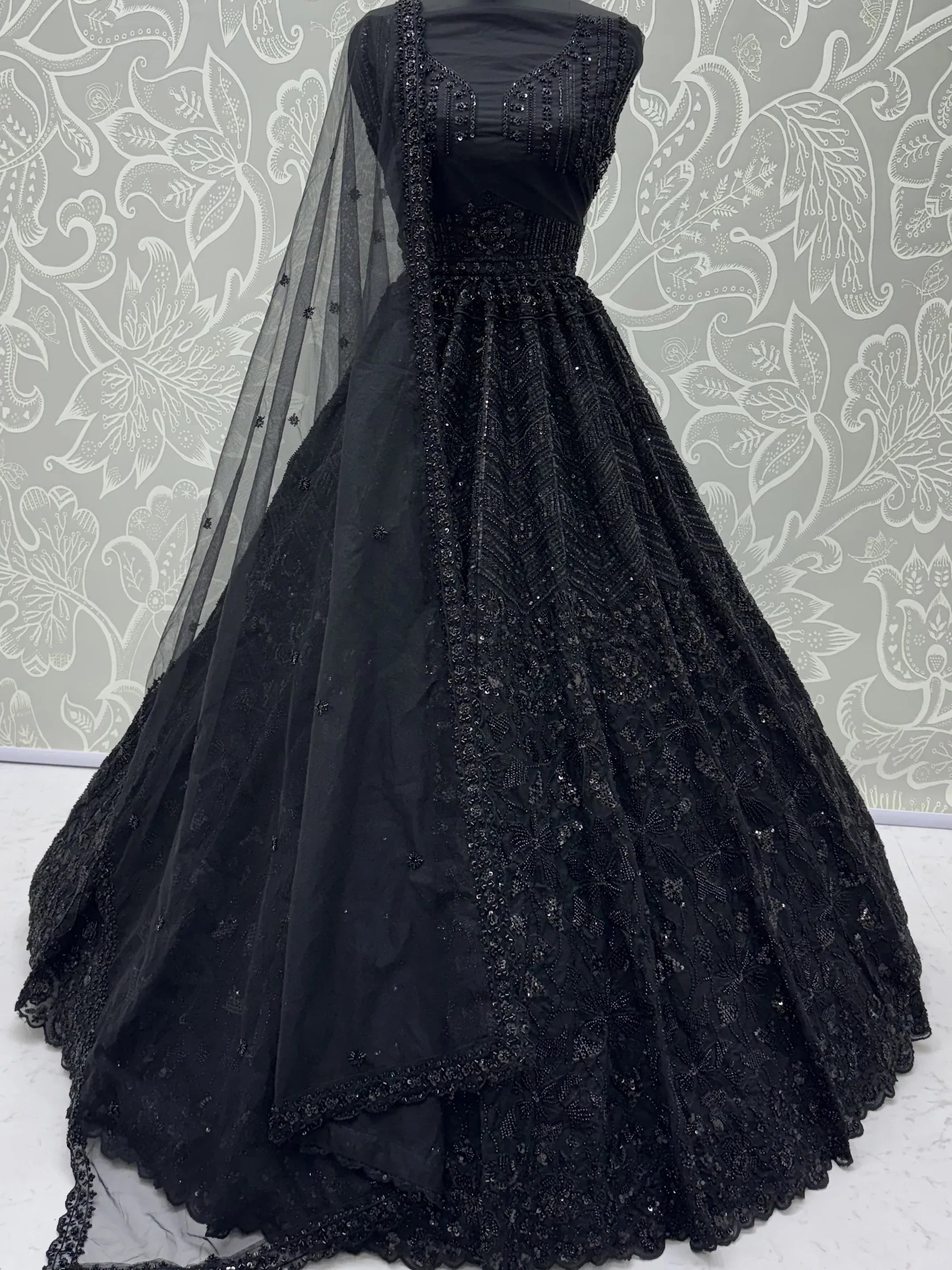 Monochrome Black Sequins Net Party Wear Lehenga Choli With Dupatta