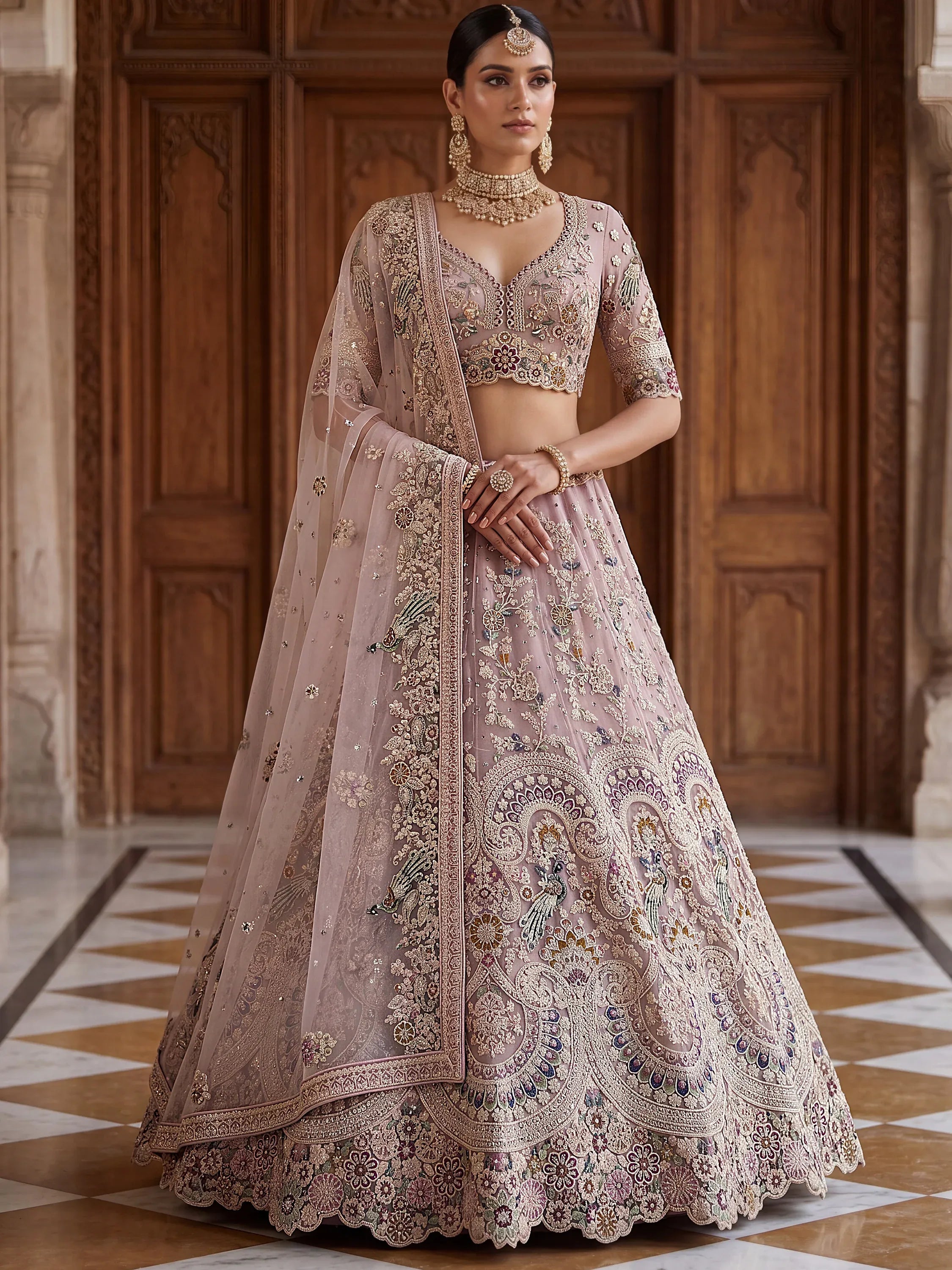 Lavish Dusty Pink Thread Embroidered Net Engagement Wear Lehenga Choli