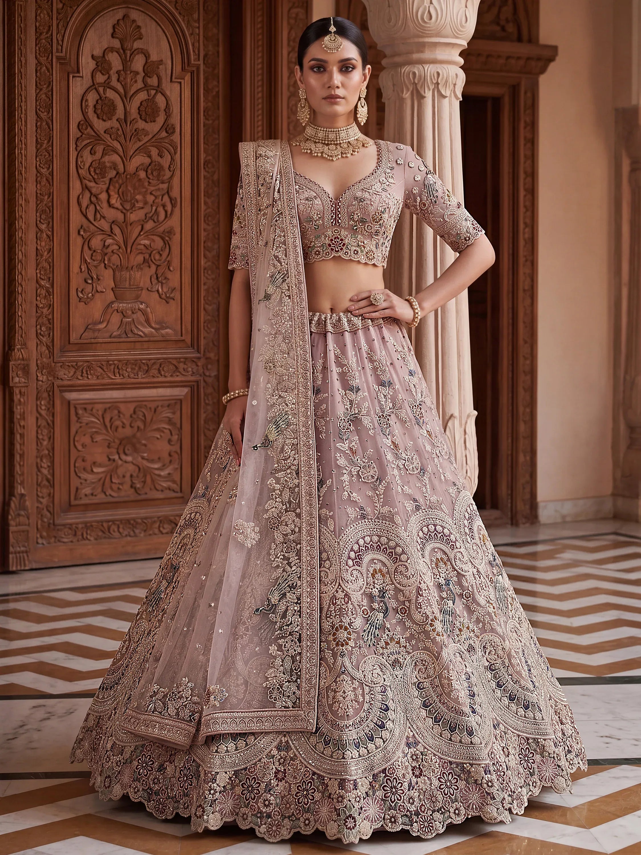 Lavish Dusty Pink Thread Embroidered Net Engagement Wear Lehenga Choli
