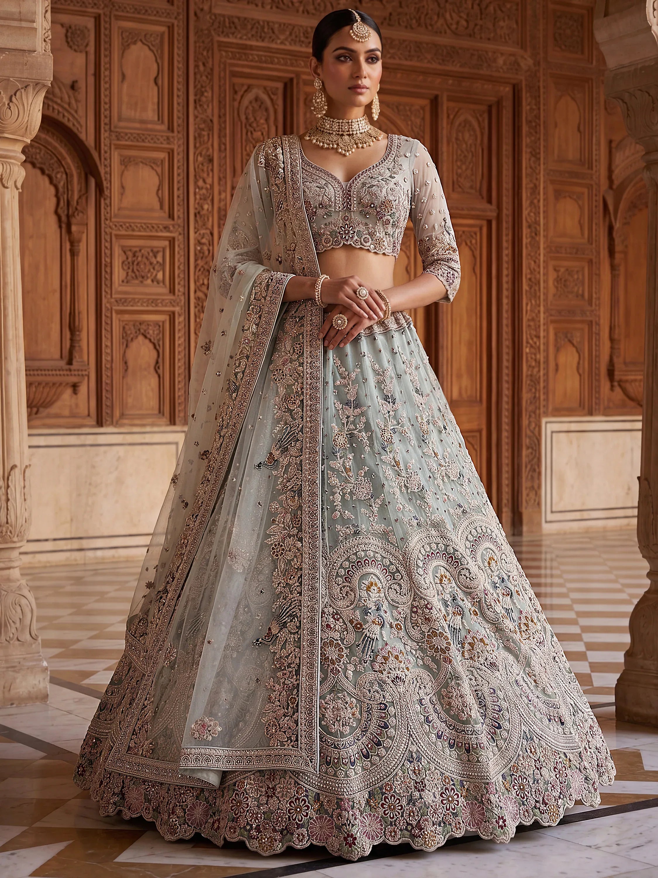 Tremendous Sky Blue Zari Work Net Wedding Wear Lehenga With Blouse