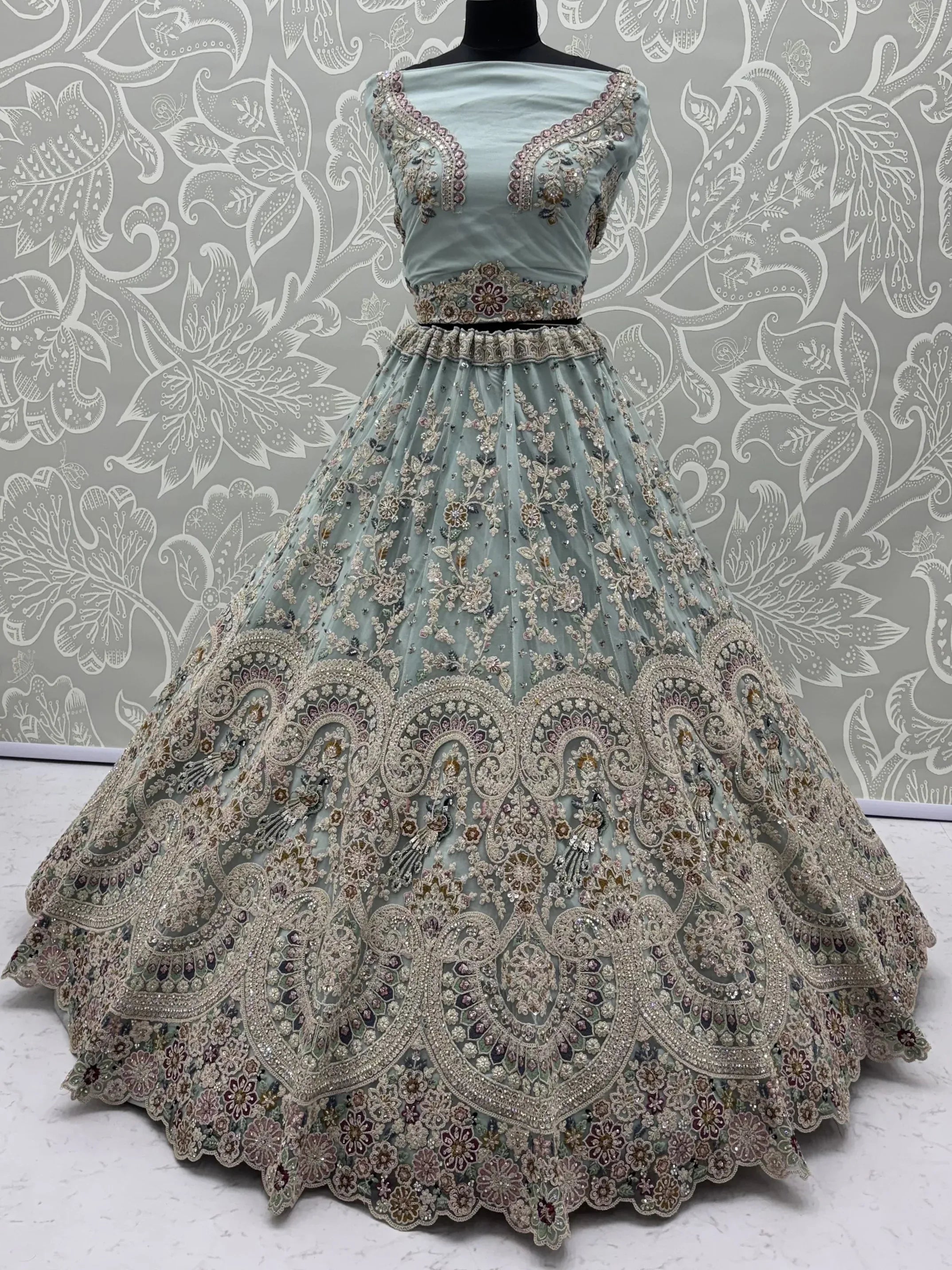 Tremendous Sky Blue Zari Work Net Wedding Wear Lehenga With Blouse