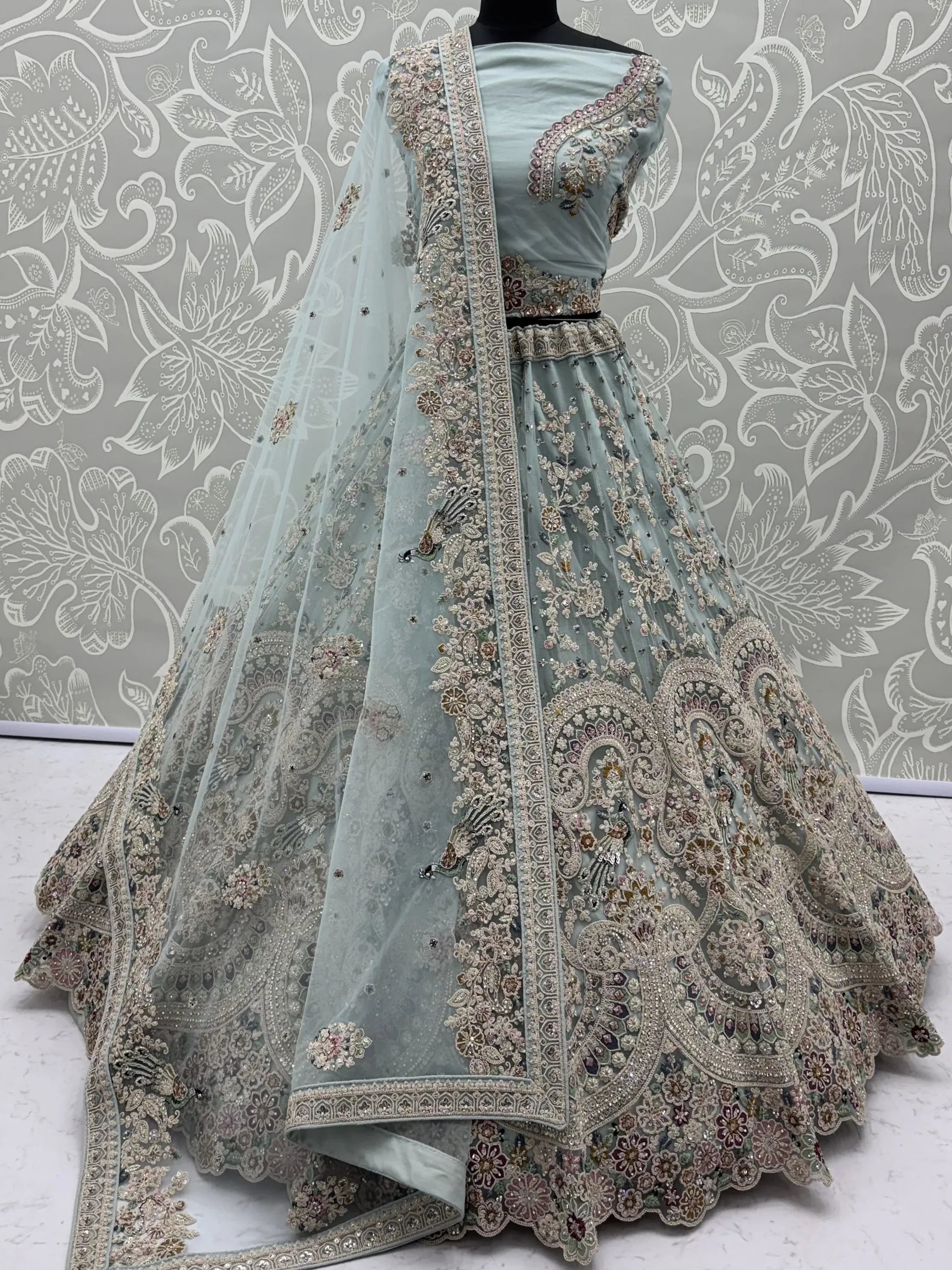 Tremendous Sky Blue Zari Work Net Wedding Wear Lehenga With Blouse