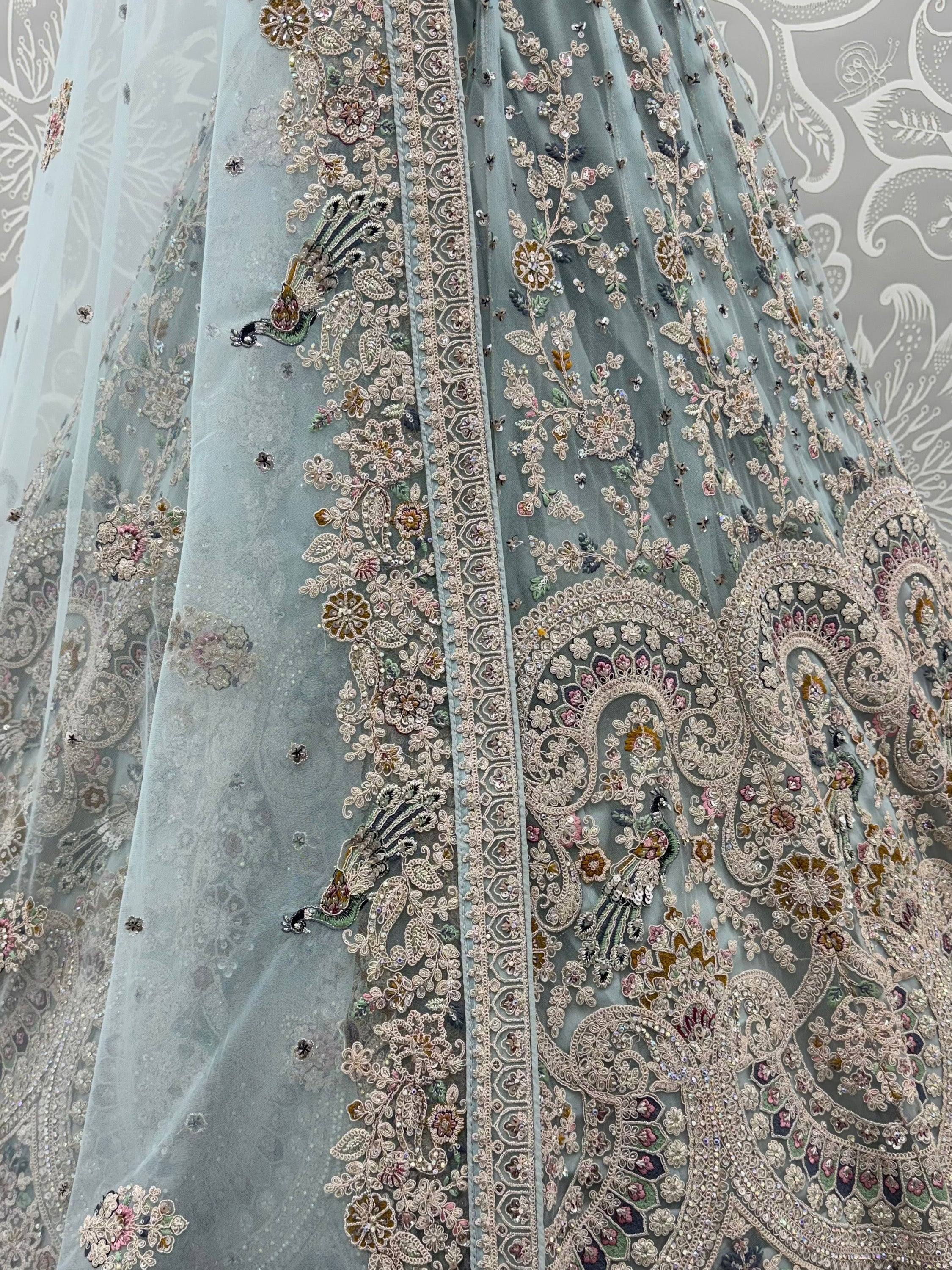 Tremendous Sky Blue Zari Work Net Wedding Wear Lehenga With Blouse