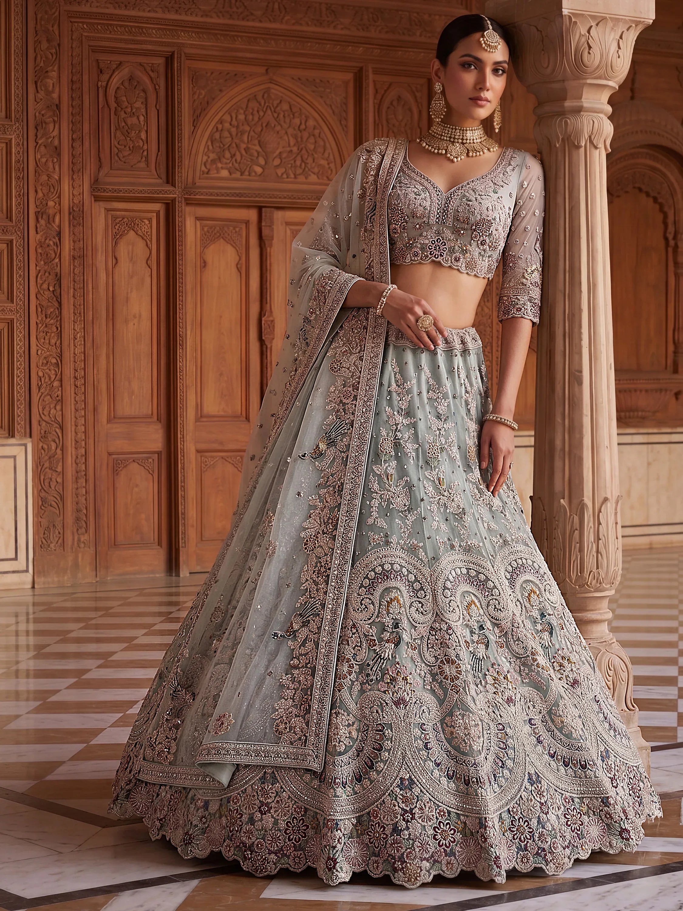 Tremendous Sky Blue Zari Work Net Wedding Wear Lehenga With Blouse