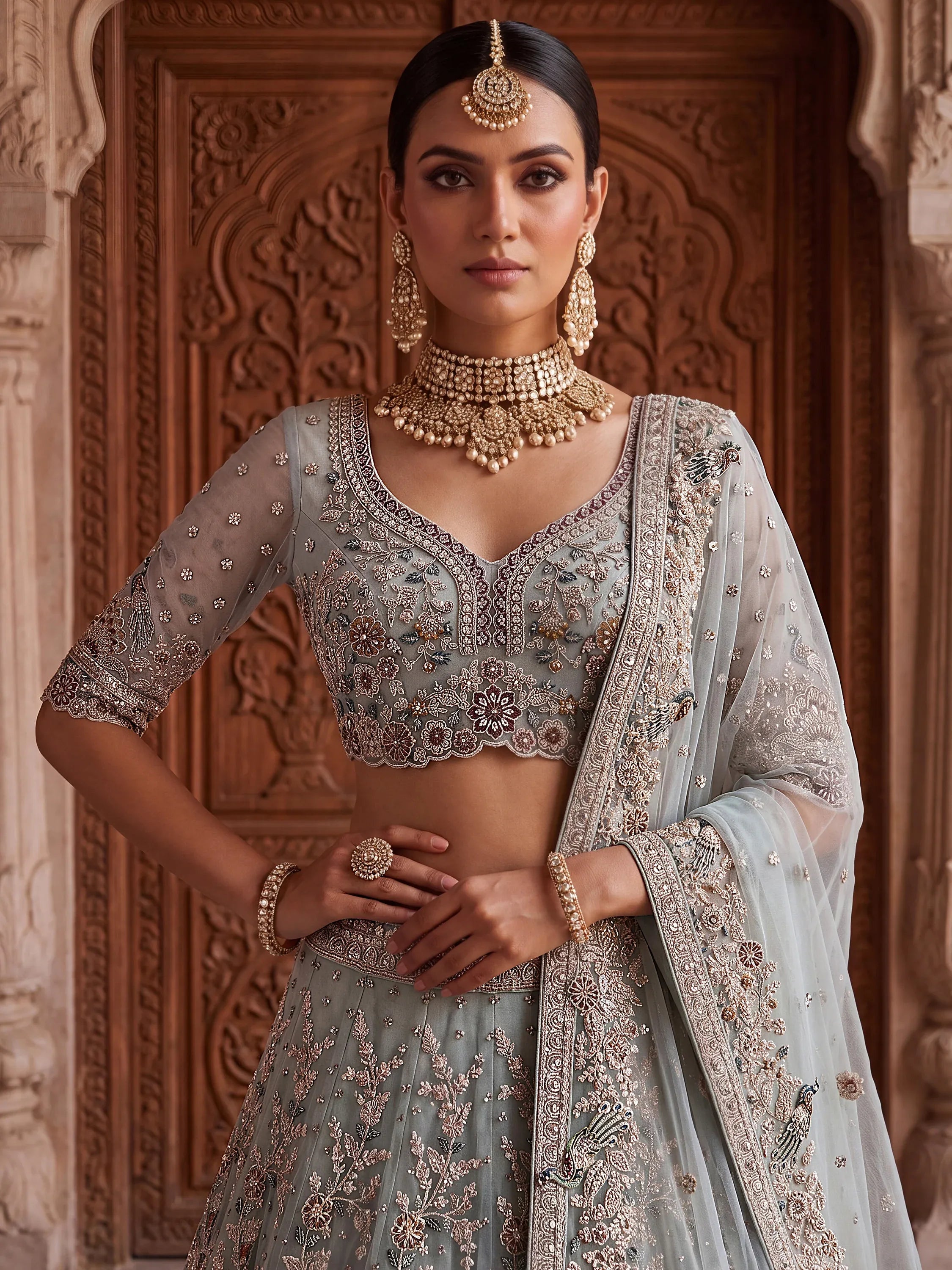 Tremendous Sky Blue Zari Work Net Wedding Wear Lehenga With Blouse
