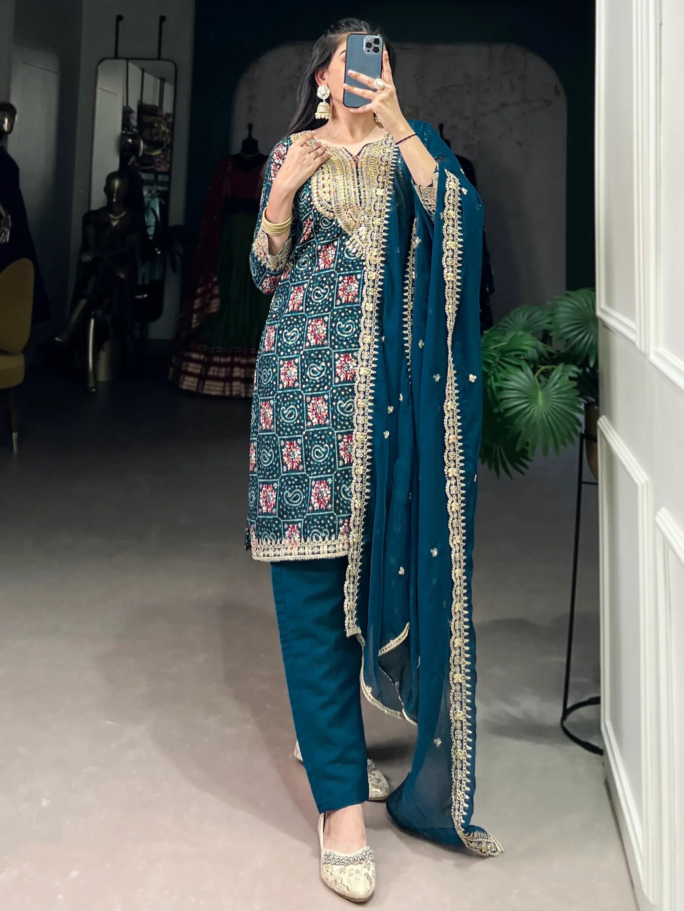 Awesome Teal Blue Printed Rayon Wedding Wear Pant Suit