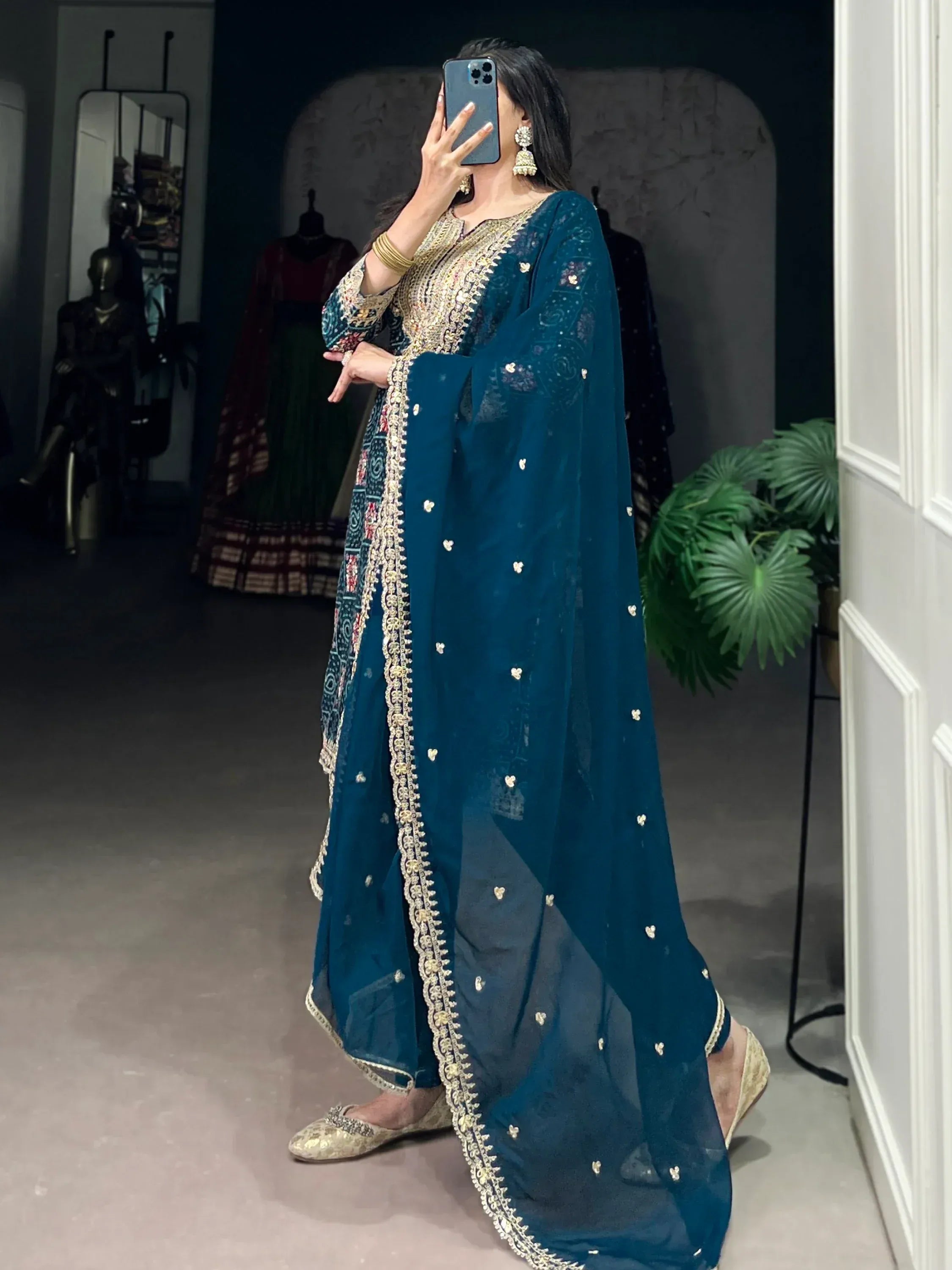Awesome Teal Blue Printed Rayon Wedding Wear Pant Suit