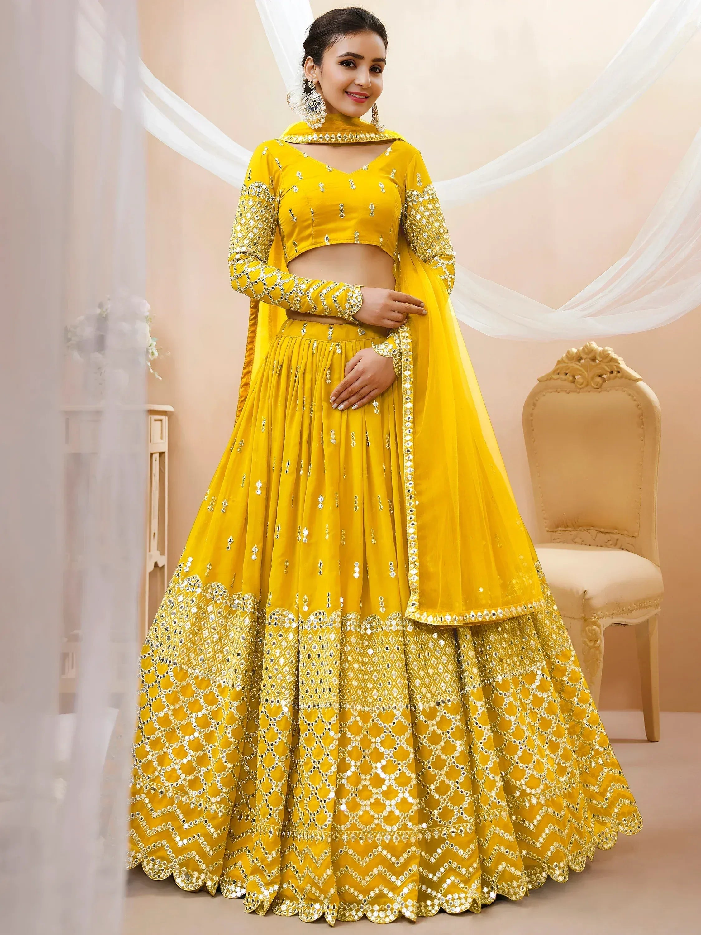 Beautiful Yellow Zari Embroidered Georgette Haldi Wear Lehenga Choli