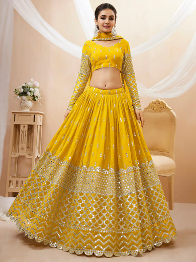 Beautiful Yellow Zari Embroidered Georgette Haldi Wear Lehenga Choli