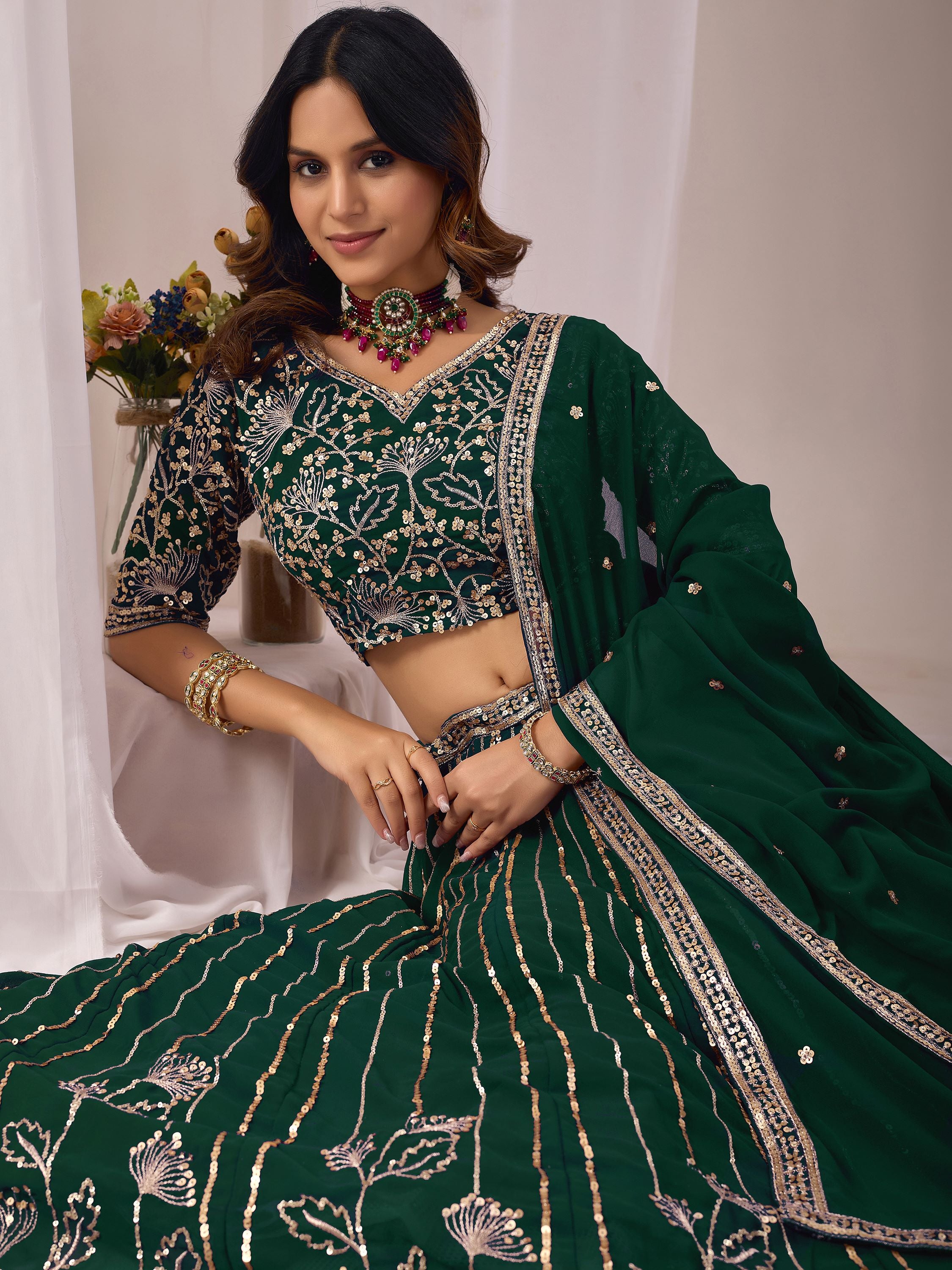 Classic Green Sequins Georgette Mehendi Wear Lehenga Choli With Dupatta