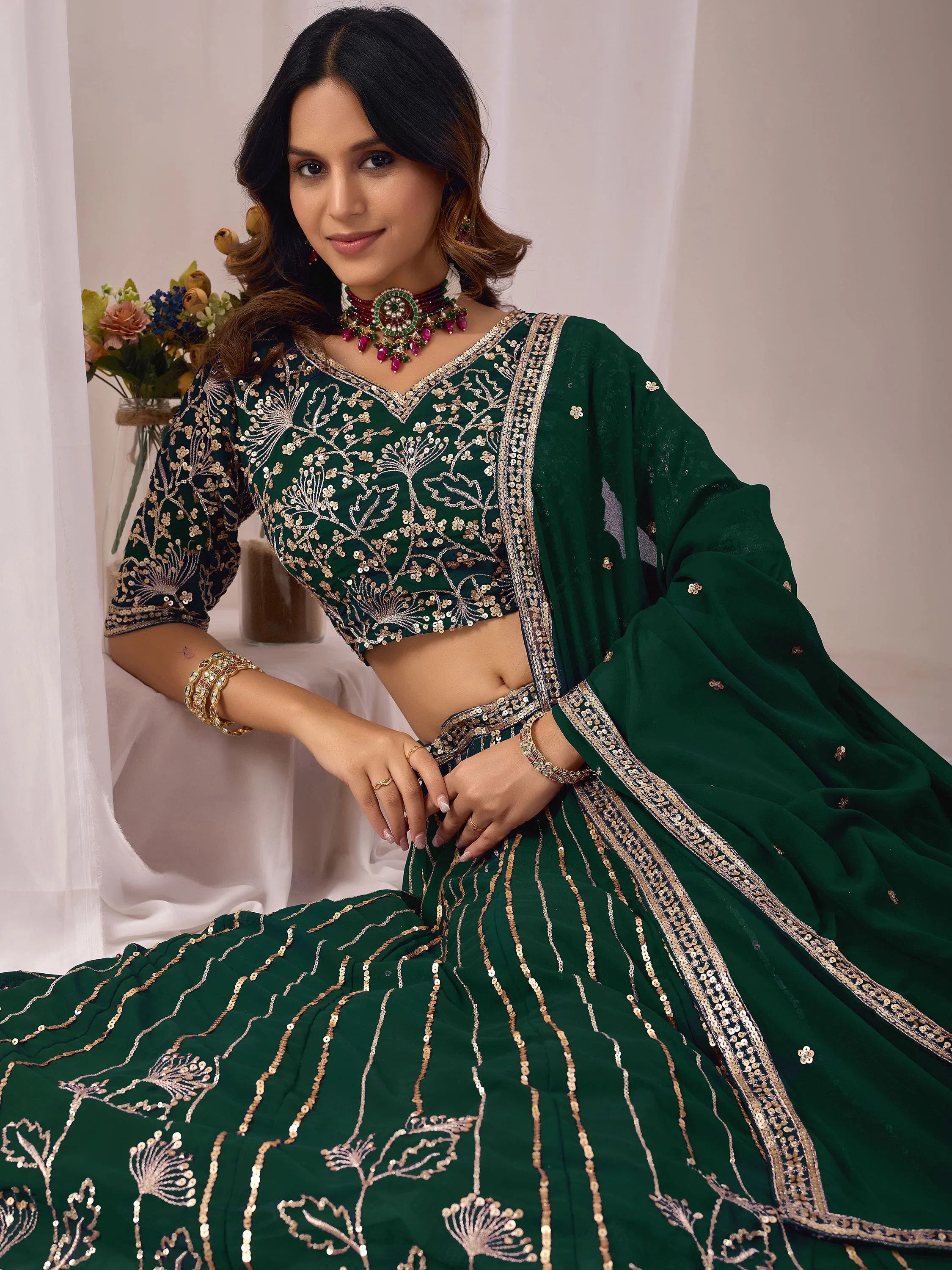 Classic Green Sequins Georgette Mehendi Wear Lehenga Choli With Dupatta