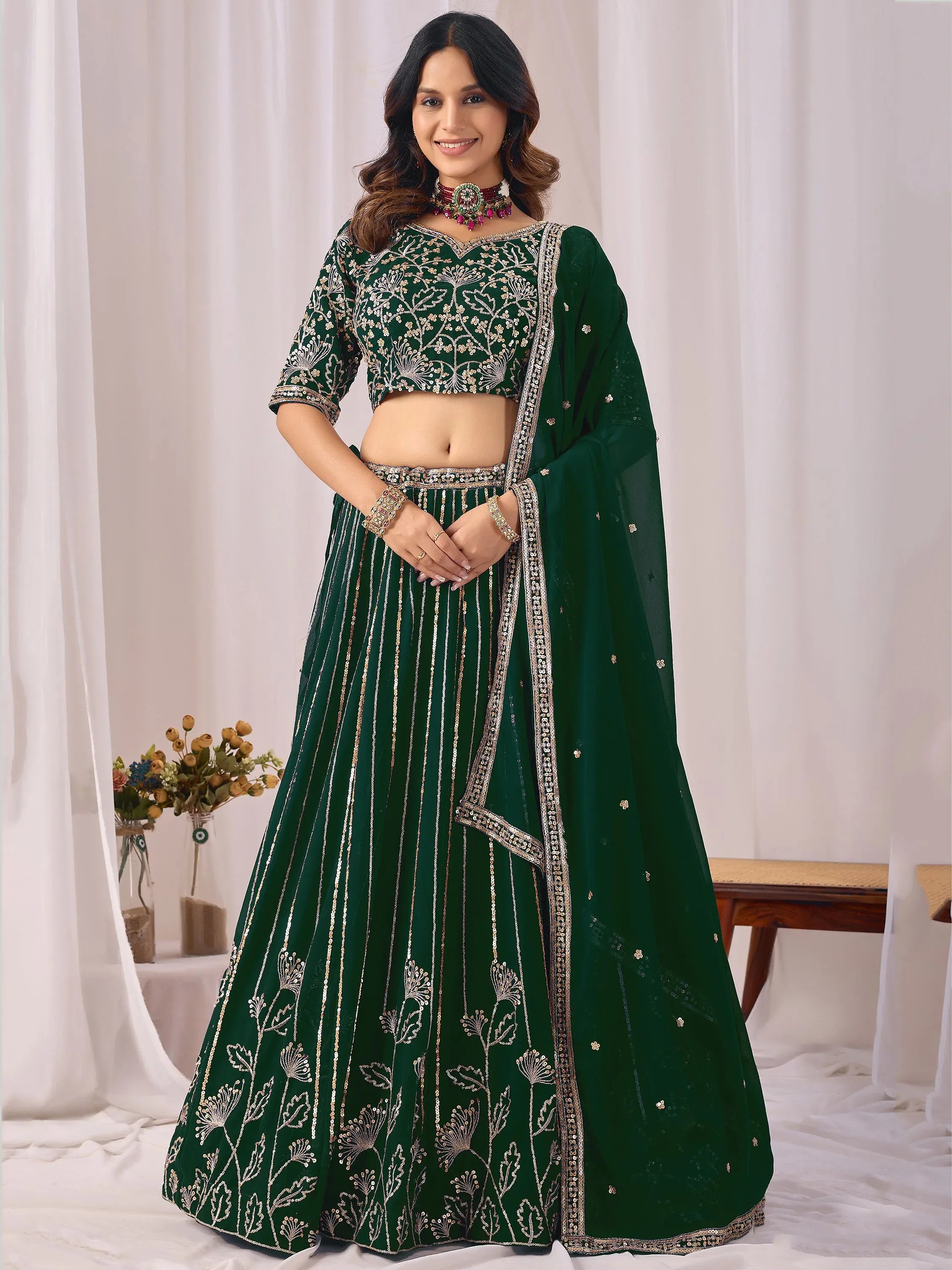 Classic Green Sequins Georgette Mehendi Wear Lehenga Choli With Dupatta