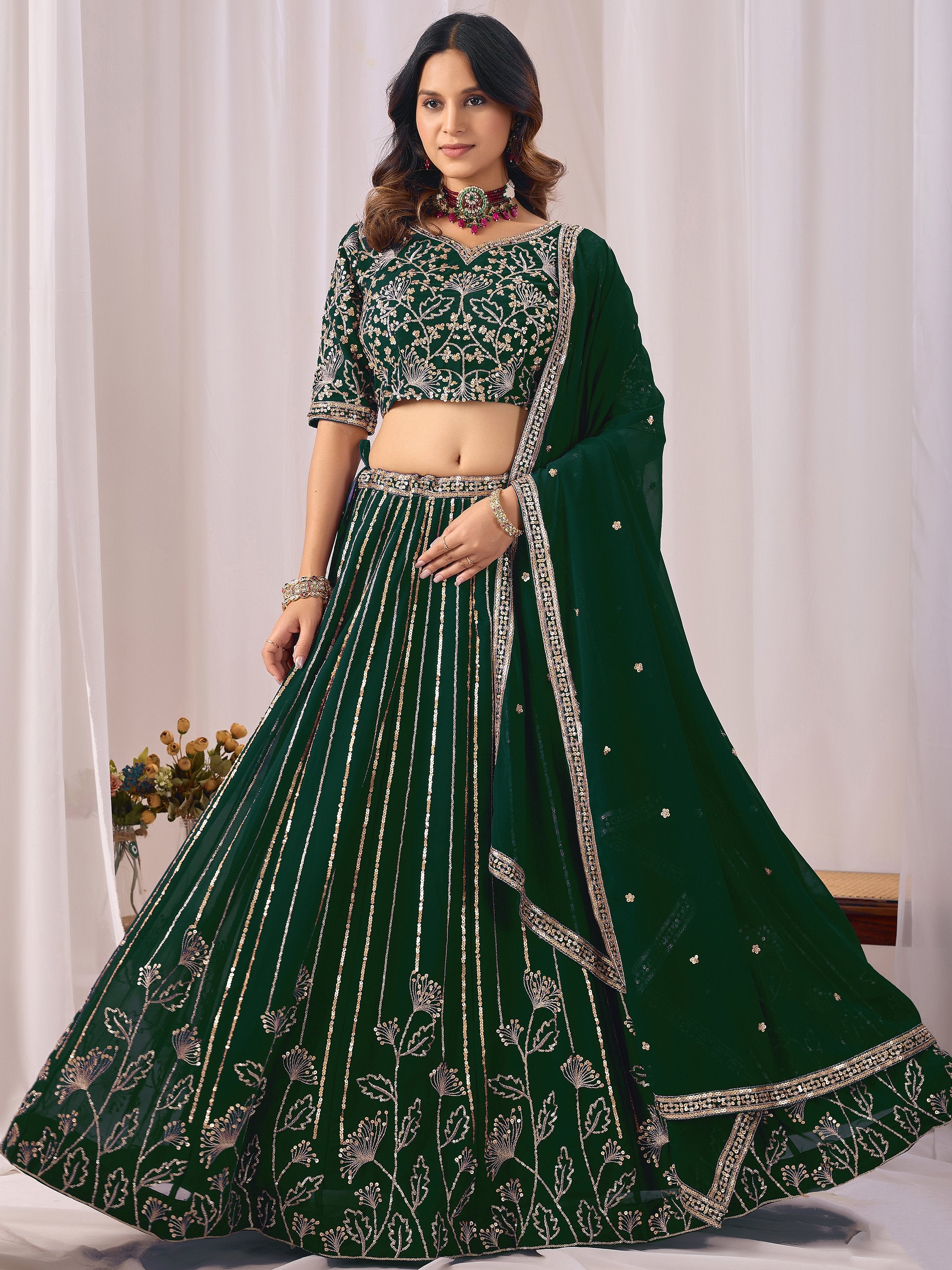 Classic Green Sequins Georgette Mehendi Wear Lehenga Choli With Dupatta
