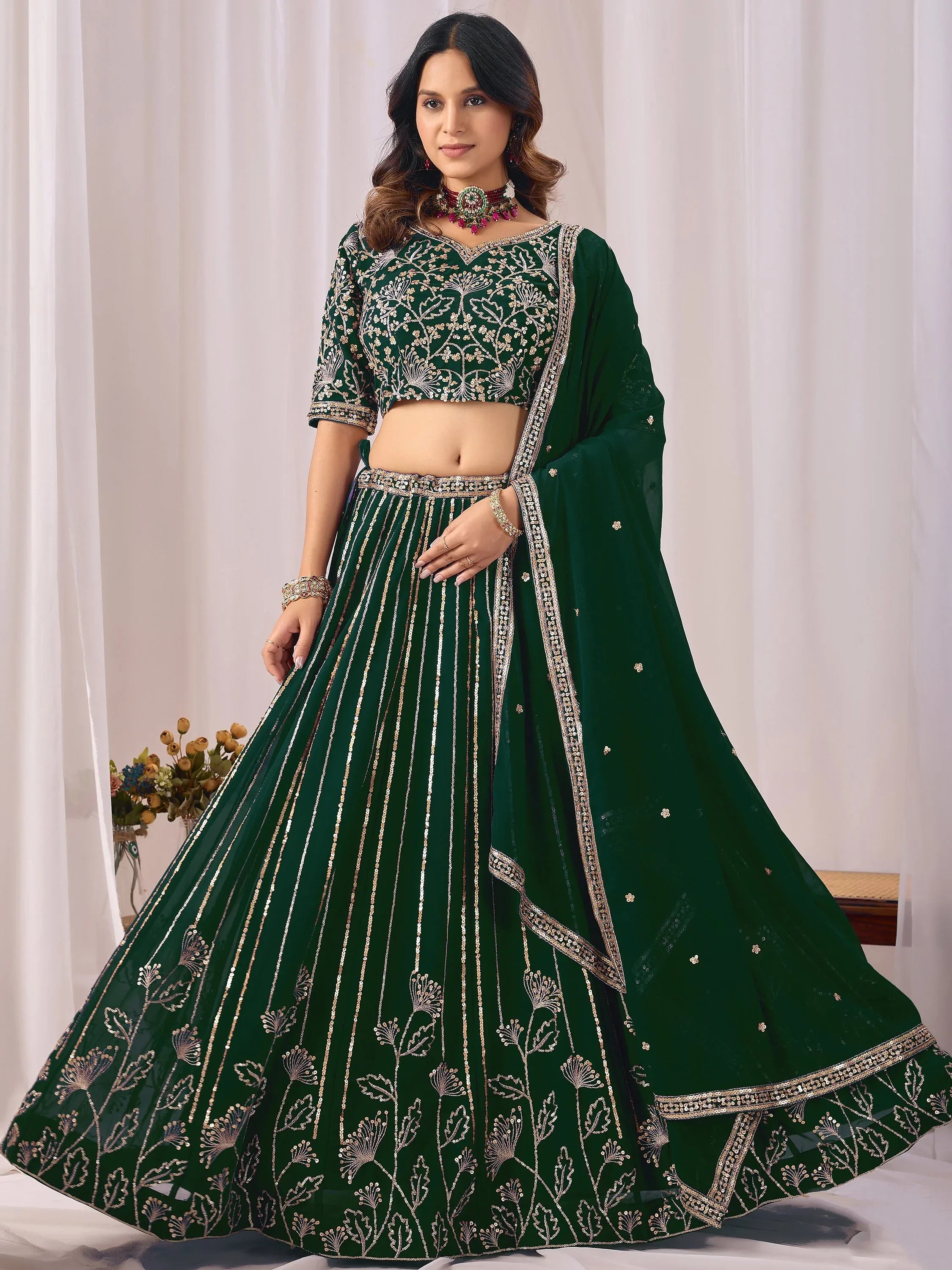 Classic Green Sequins Georgette Mehendi Wear Lehenga Choli With Dupatta