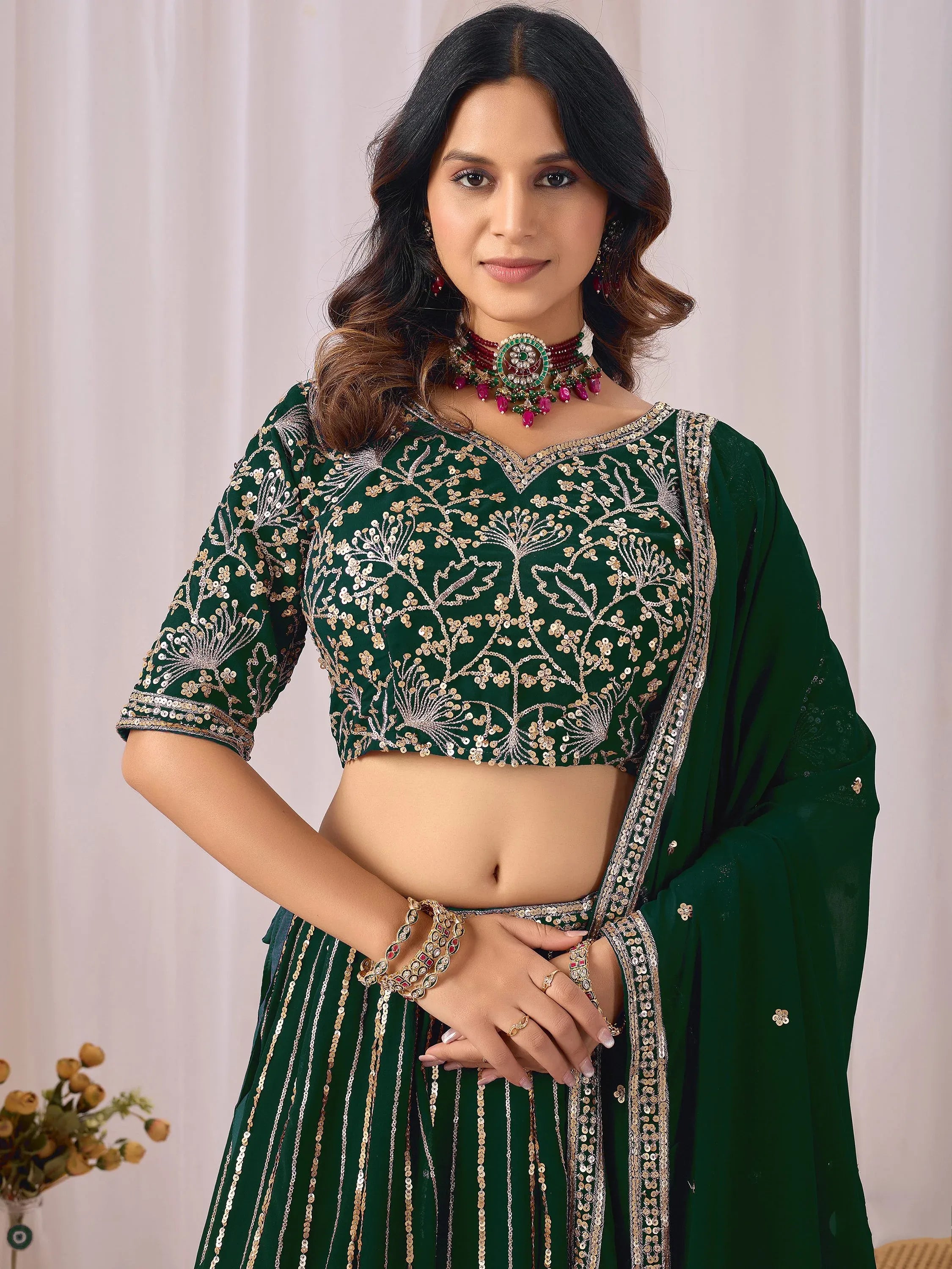 Classic Green Sequins Georgette Mehendi Wear Lehenga Choli With Dupatta