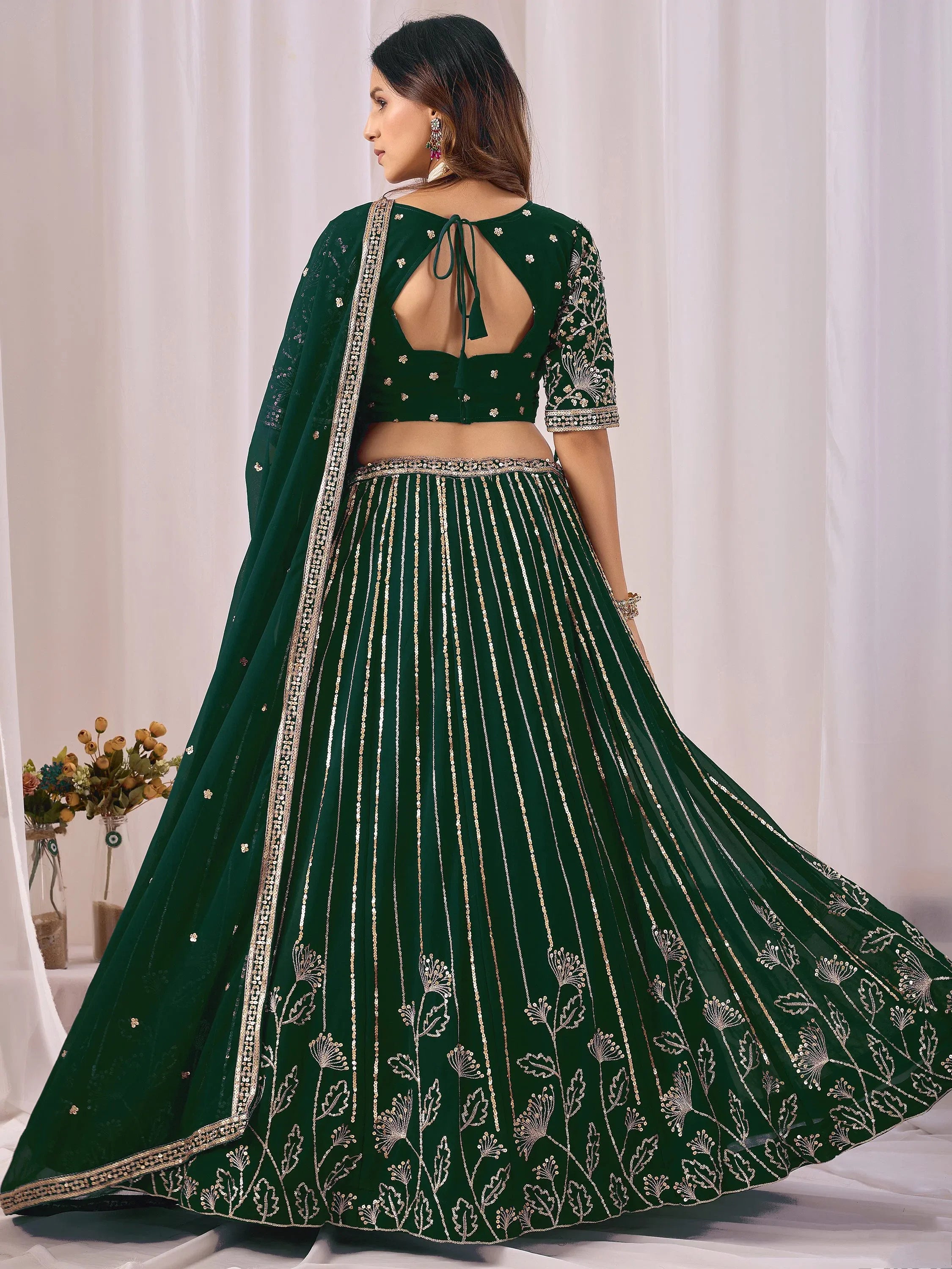 Classic Green Sequins Georgette Mehendi Wear Lehenga Choli With Dupatta