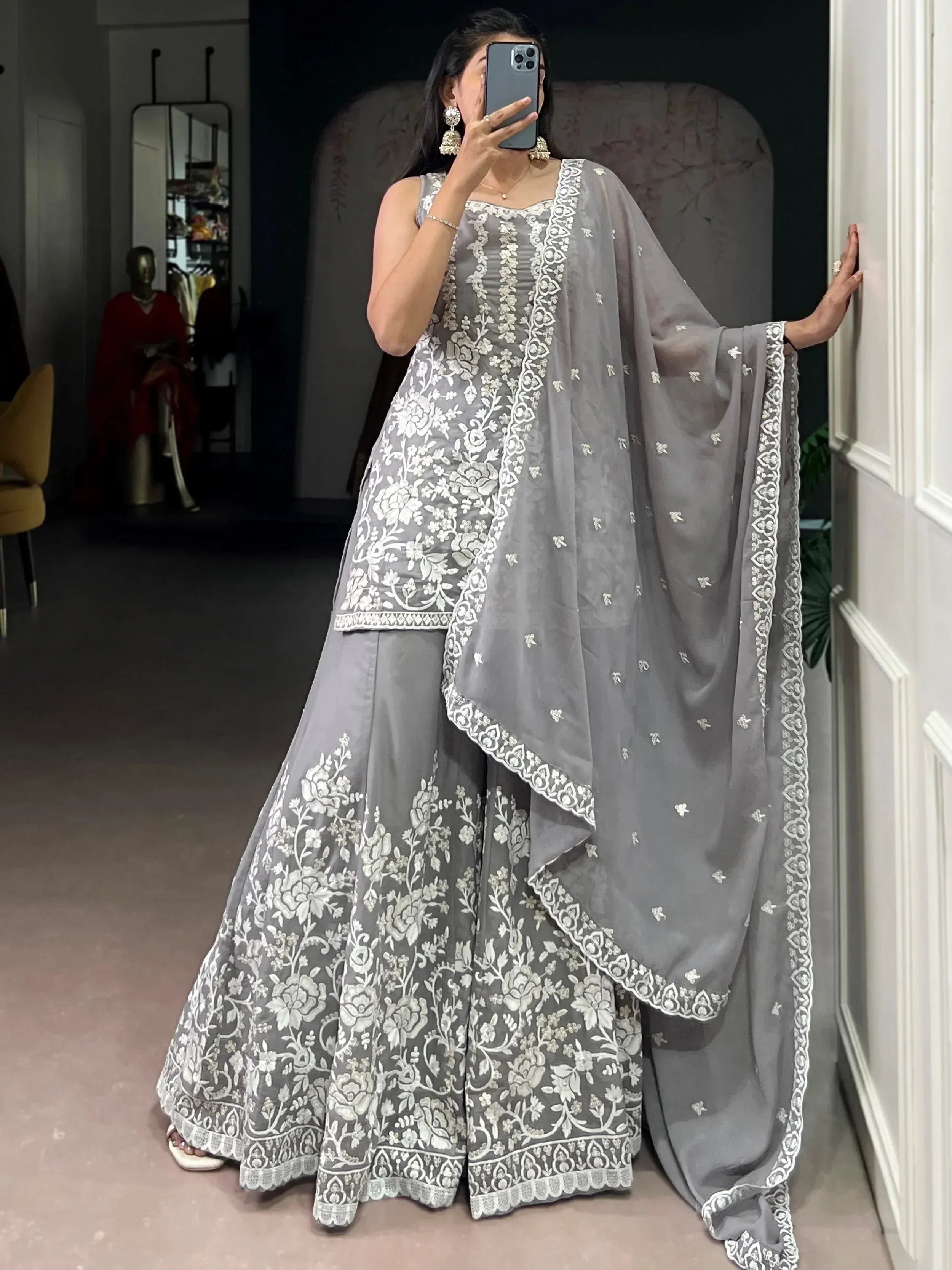 Lovely Grey Embroidered Georgette Festive Wear Short Kurti With Palazzo