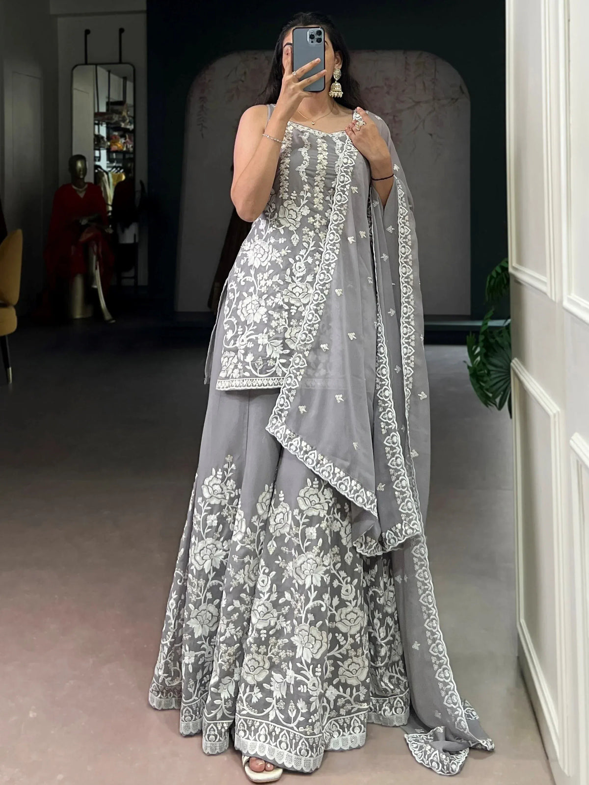 Grey floral embroidered salwar kameez with matching dupatta, elegant Indian ethnic wear