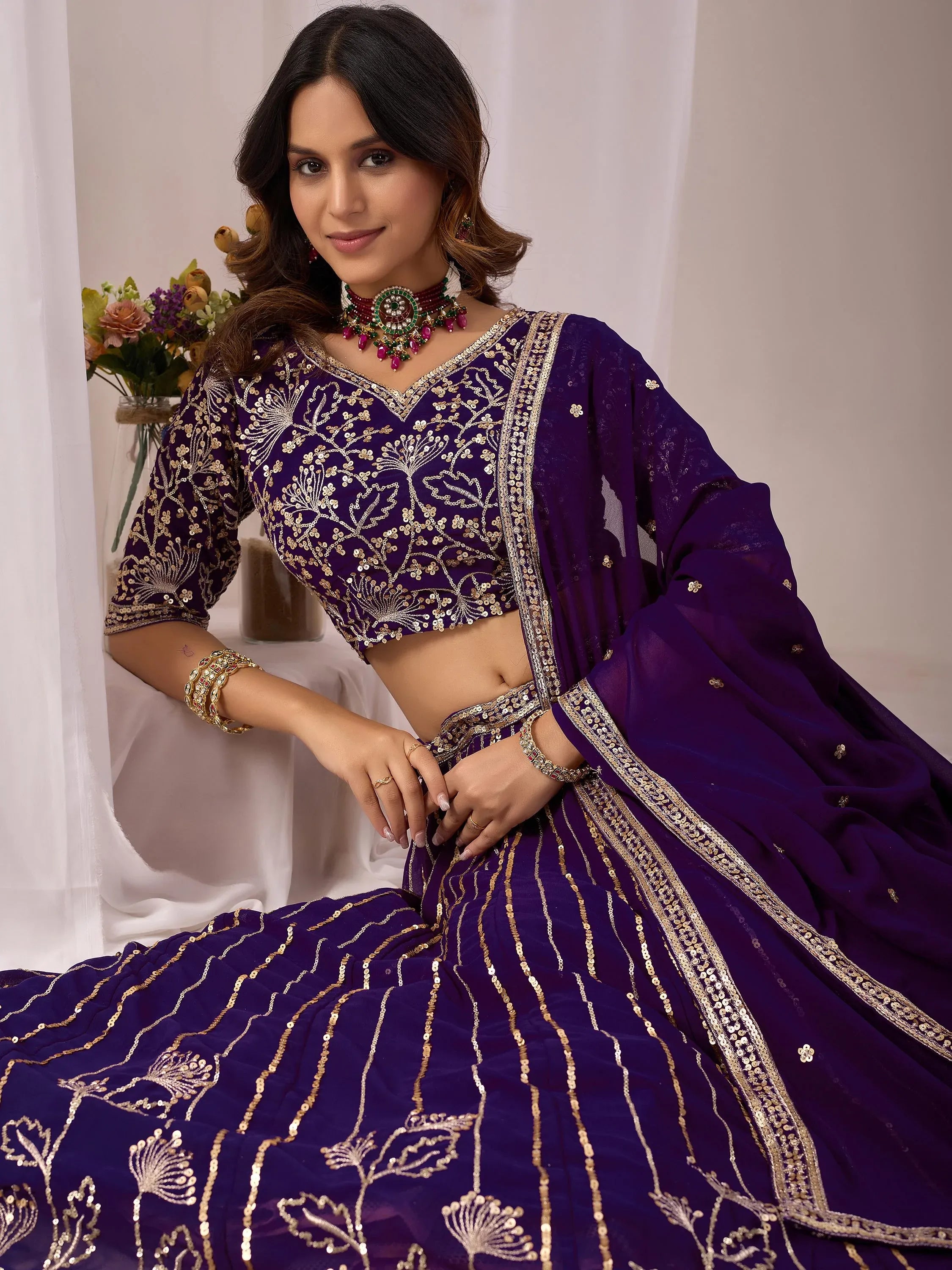 Stupendous Purple Sequins Georgette Reception Wear Lehenga Choli