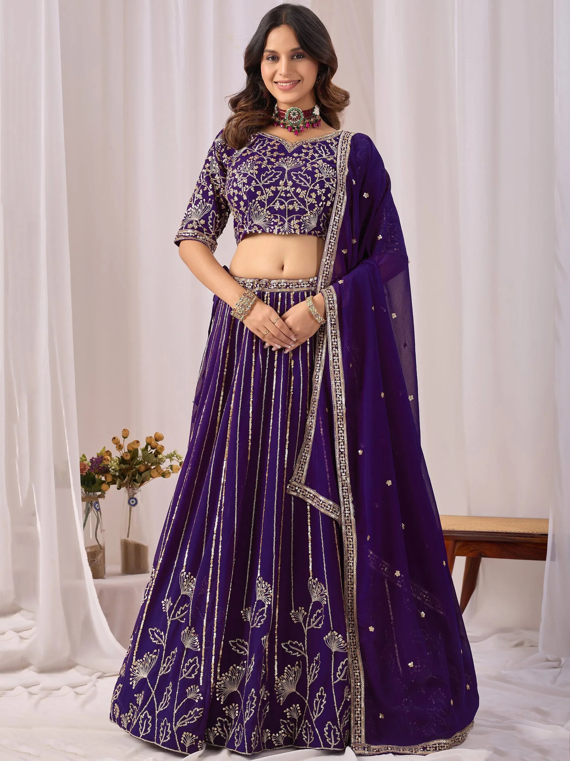Stupendous Purple Sequins Georgette Reception Wear Lehenga Choli