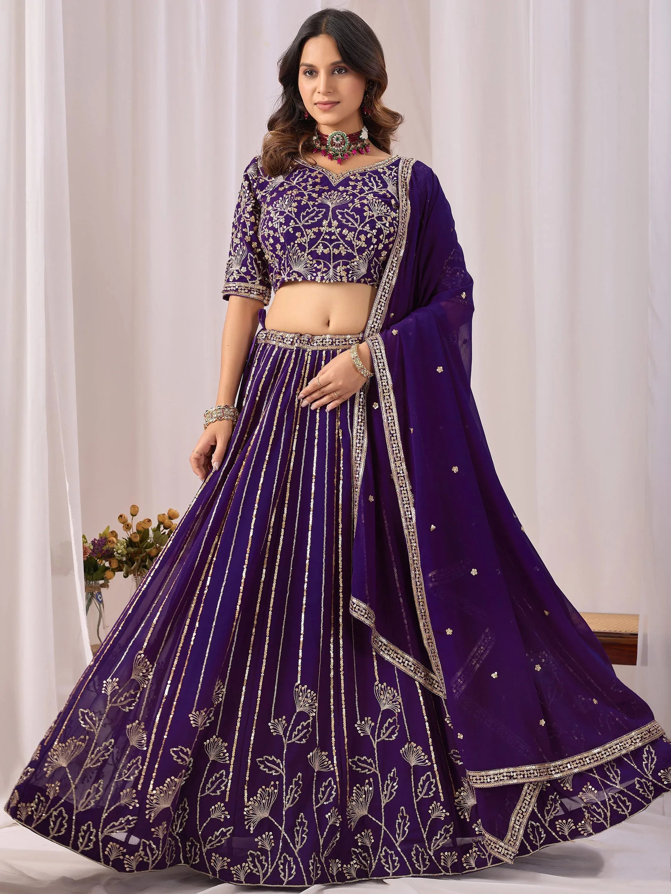 Stupendous Purple Sequins Georgette Reception Wear Lehenga Choli