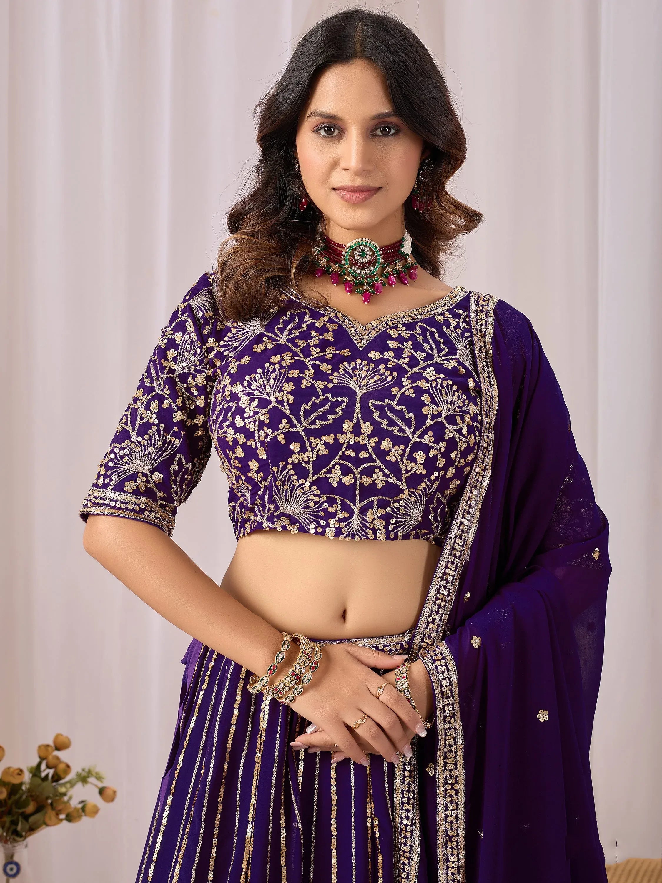 Stupendous Purple Sequins Georgette Reception Wear Lehenga Choli