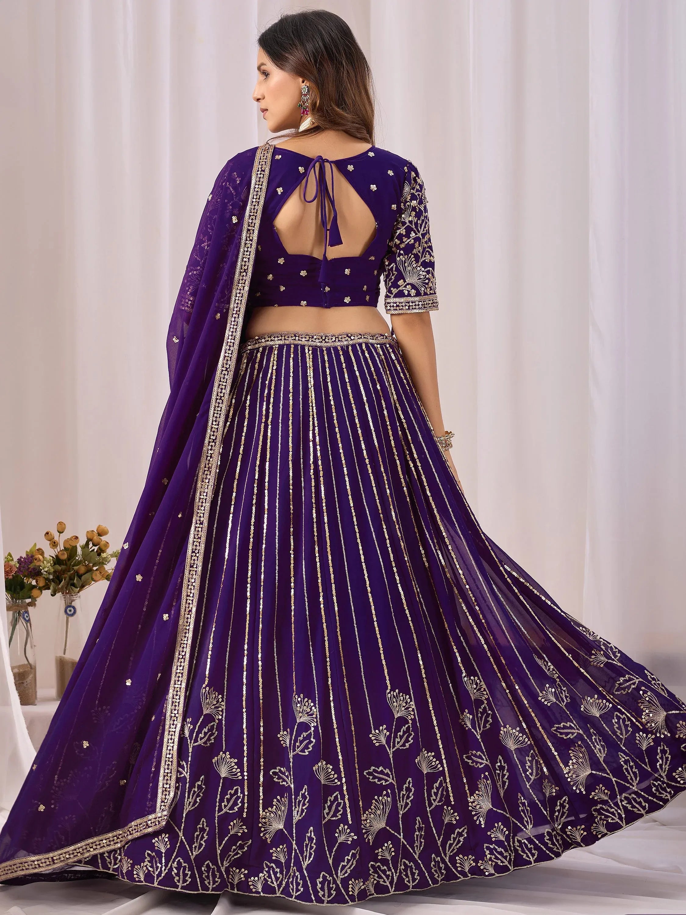 Stupendous Purple Sequins Georgette Reception Wear Lehenga Choli