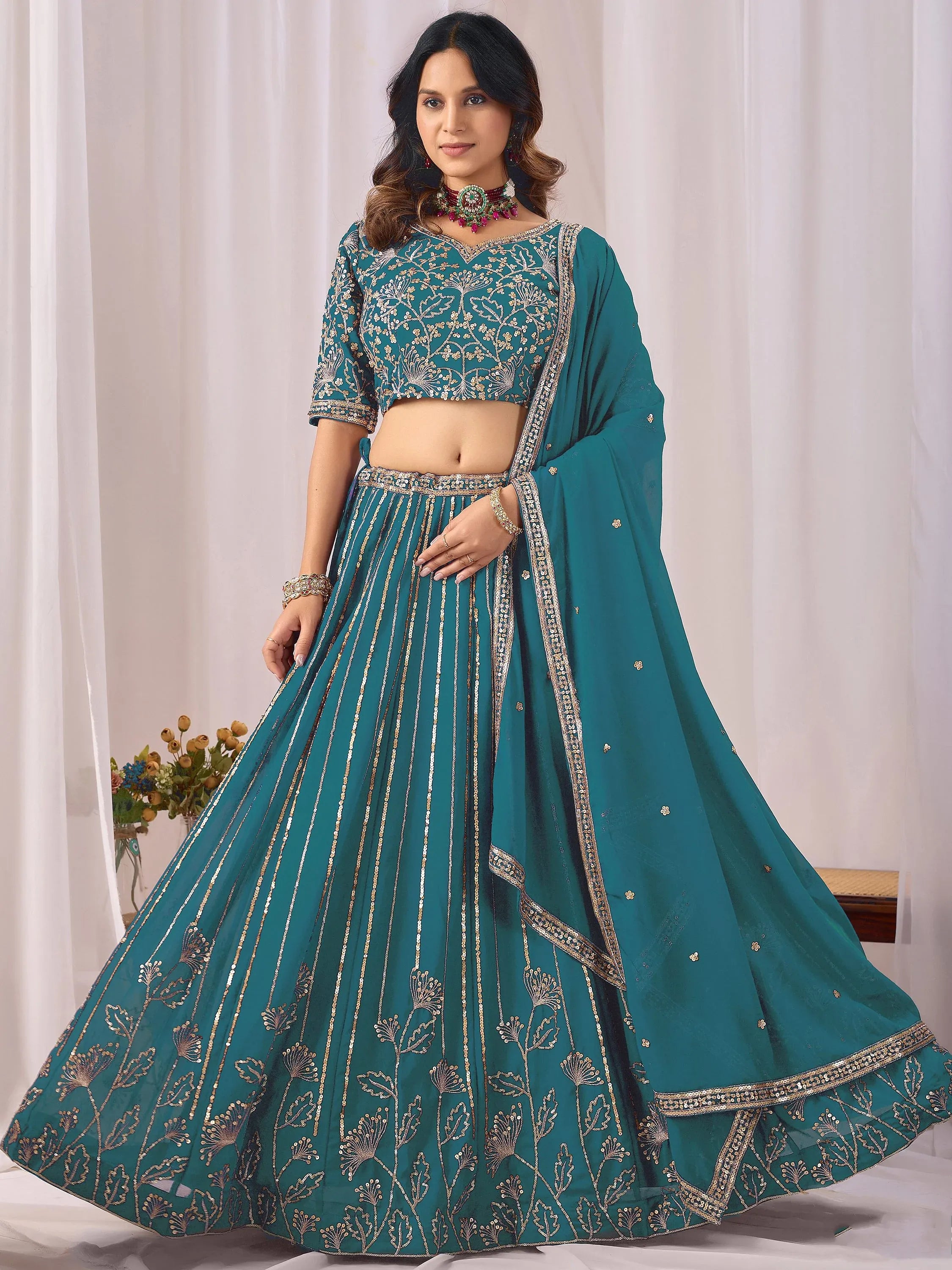 Amazing Teal Blue Embroidered Georgette Sangeet Wear Lehenga Choli